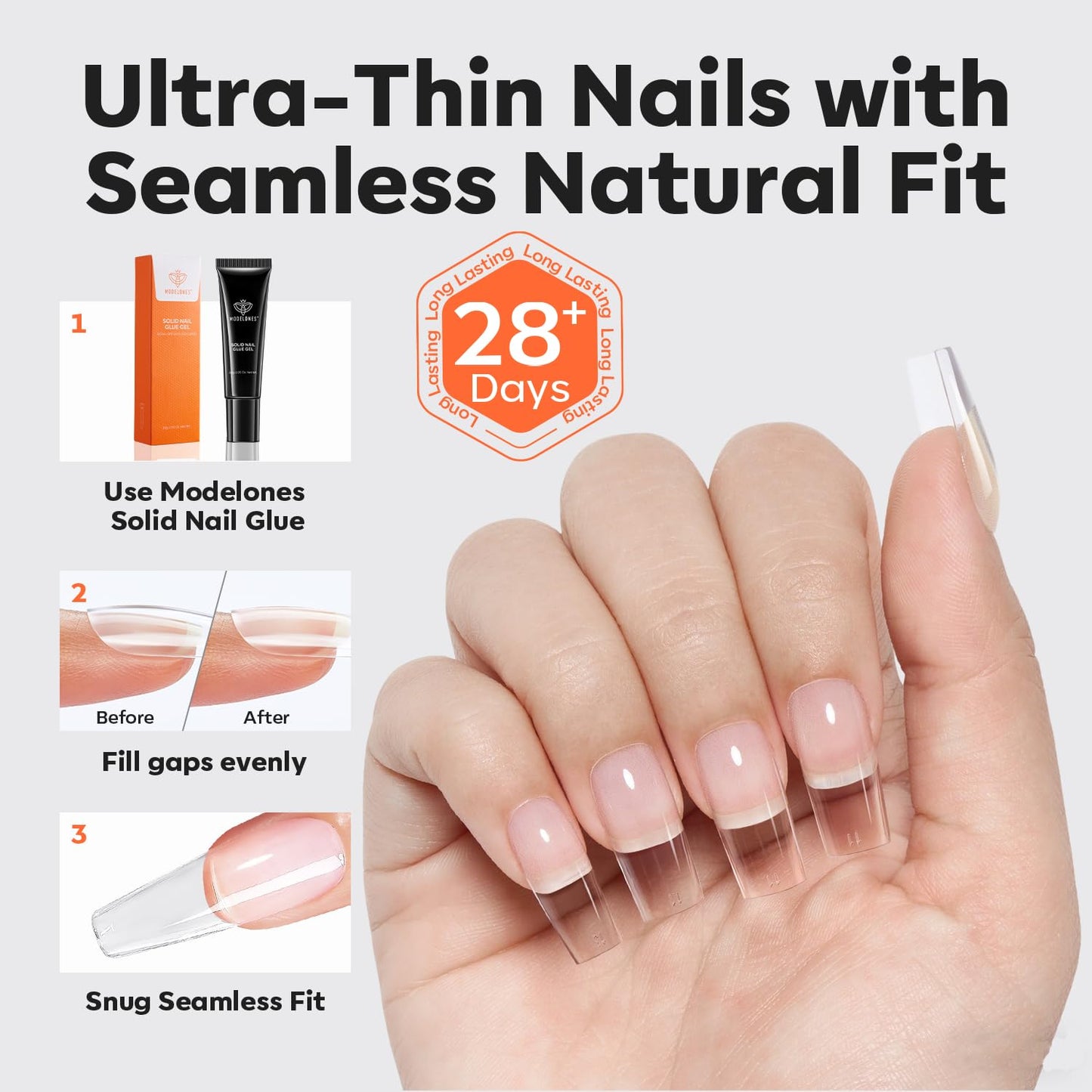 modelones Pro Luxe Instant Nail Apex Tips 15 Sizes, Medium Square Extension Gel Tips Pre-building & Pre-etched Thicker Strength Acrylic Fake Nails Full Cover 240 Pcs