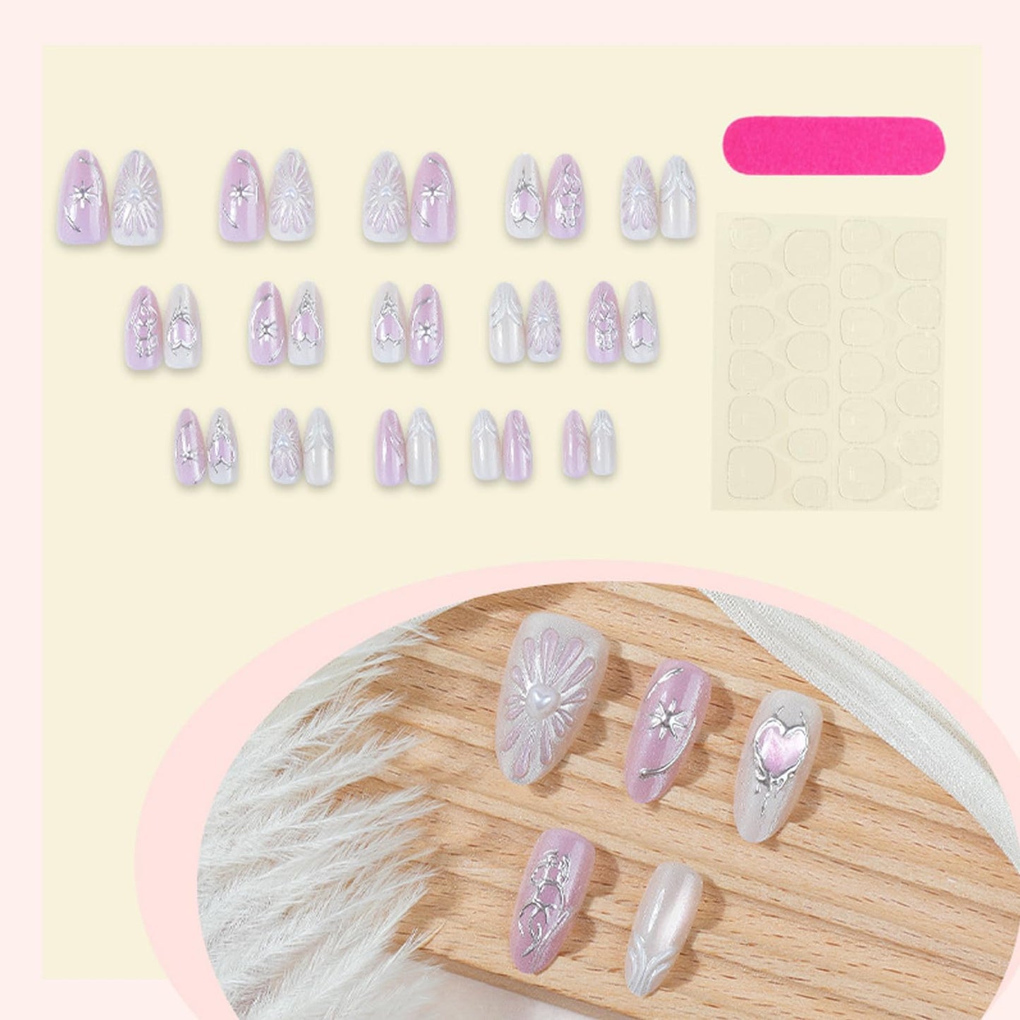 30Pcs Valentine Press on Nails Medium Almond Fake Nails with 3D Rhinestone Design Heart Star False Nails Silver Irregular Line Glue on Nail Pink Glitter Full Cover Chrome Silver Acrylic Nail for Women