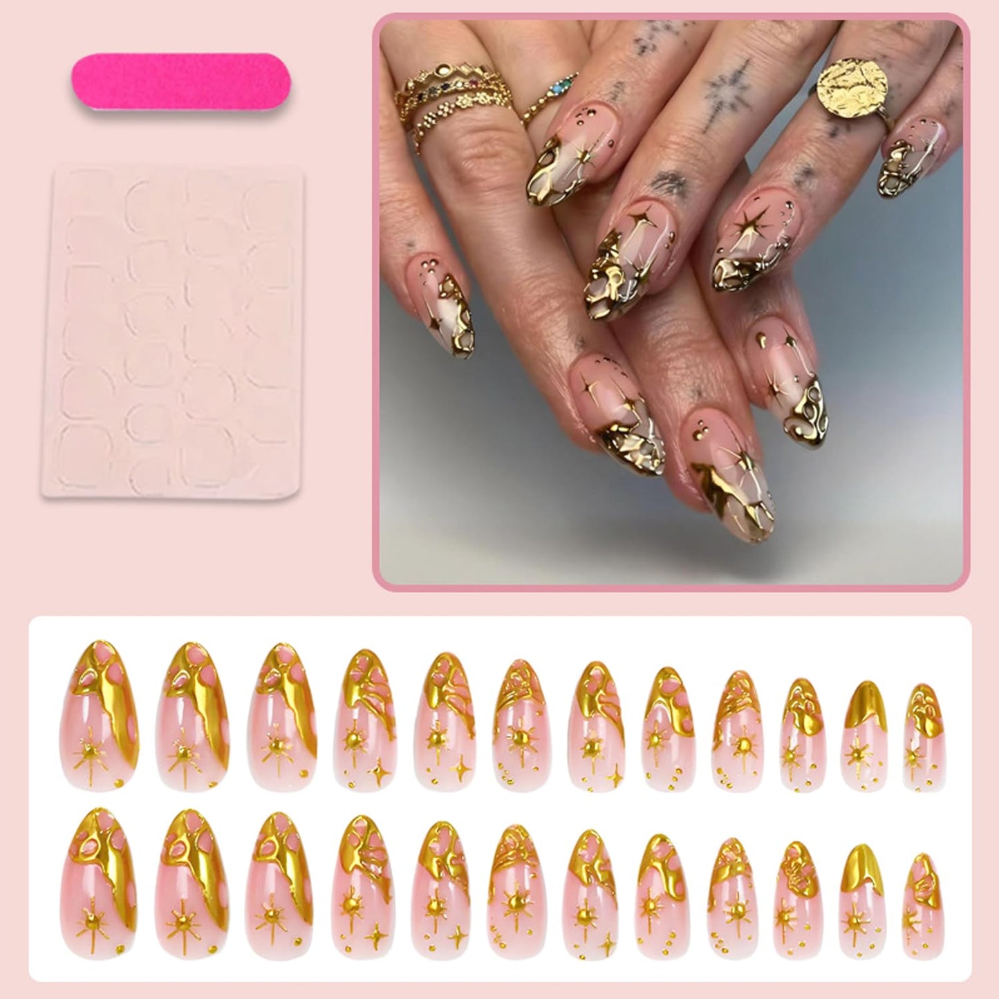24Pcs Chrome Gold Press on Nails Short Almond French Tip Fake Nails 3D Gold Irregularity Line Designs False Nails Punk Star Stick on Nail Nude Glossy Full Cover Gilded Acrylic Glue on Nails for Women