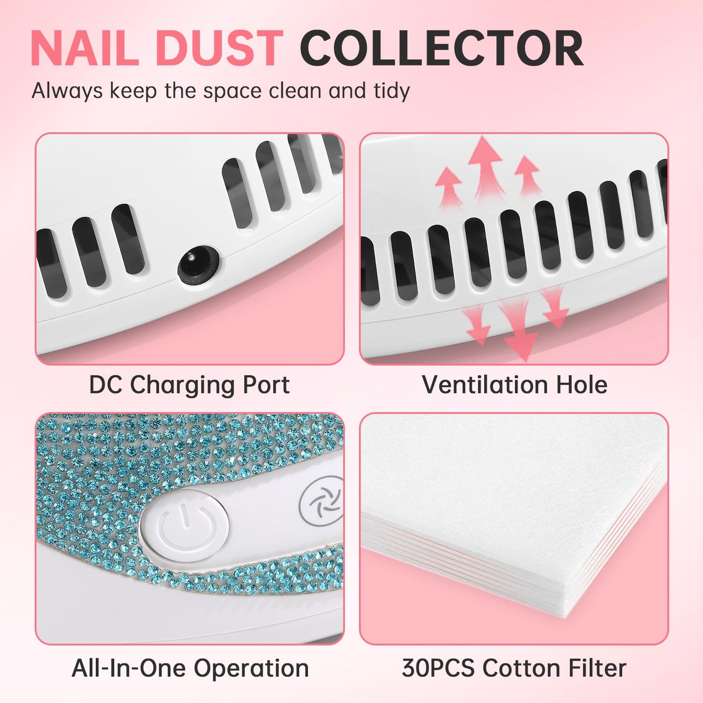CHRISTINE SHELLY Nail Dust Collector, Cordless Dust Collector Nail Tech, Powerful Vacuum Fan Vent Dust Collector Extractor Dust Suction Machine for Acrylic Nails Polishing, Low Noise, Nail Salon&Home