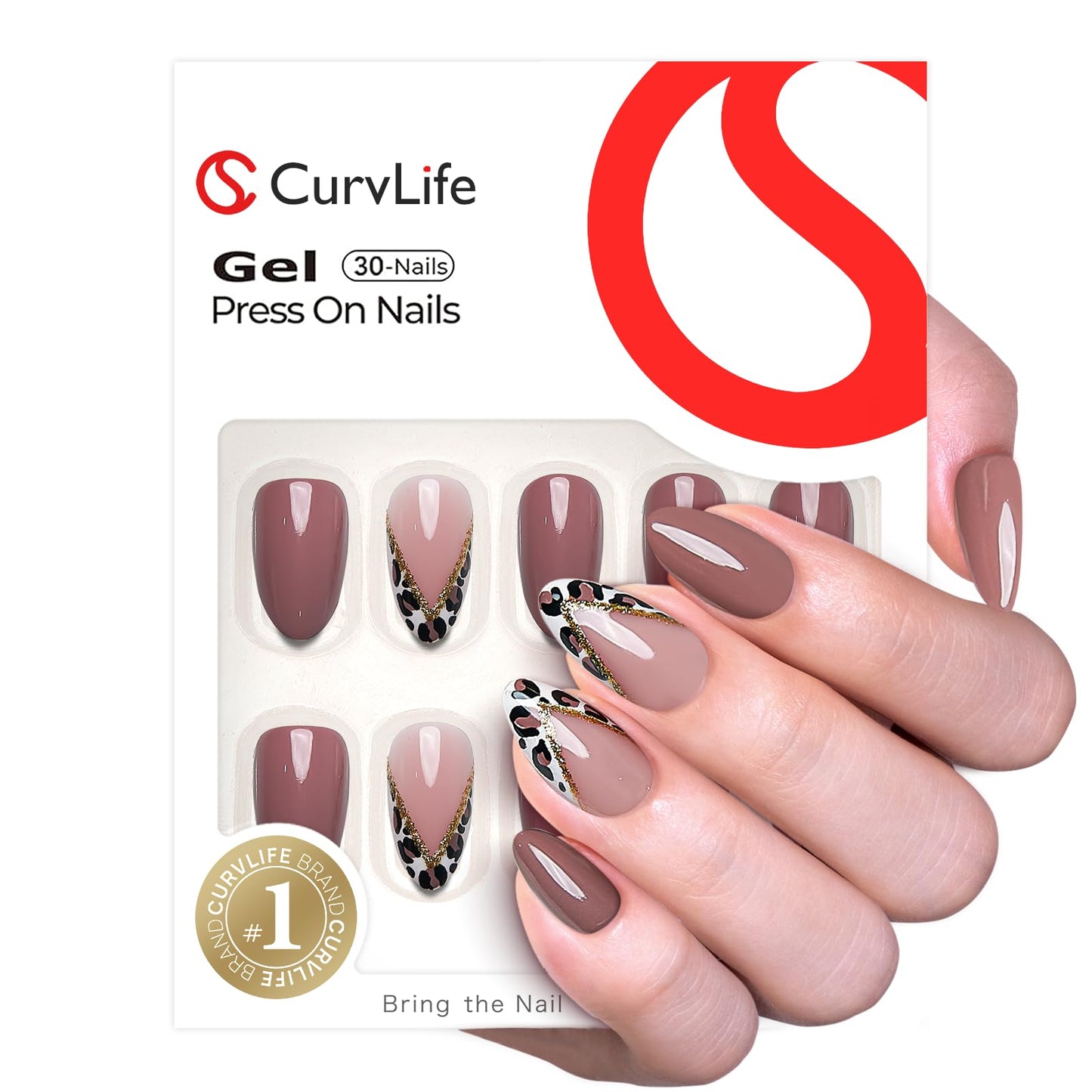CurvLife Medium Almond Press On Nails, Soft Gel Salon Quality Fake Nails for Women, Reusable Long Lasting Nail Tips, Nude Pink Glitter Leopard French Design
