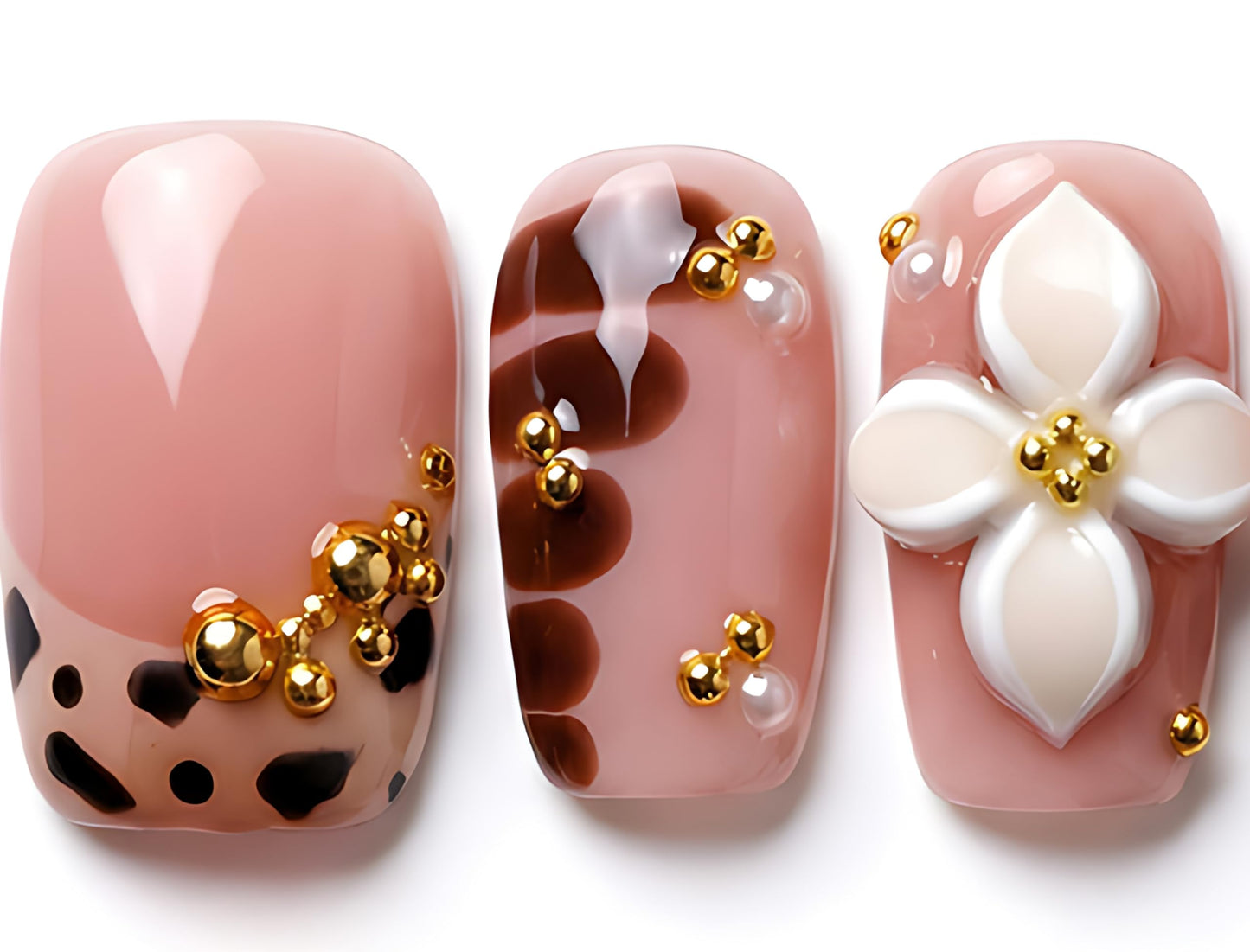 Short Square Press on Nails Handmade 3D Cute Glue on Nails for Women, Luxury Homemade Press on Nail Art Design, Fake Nails with 3D Nail Charms Size M 3