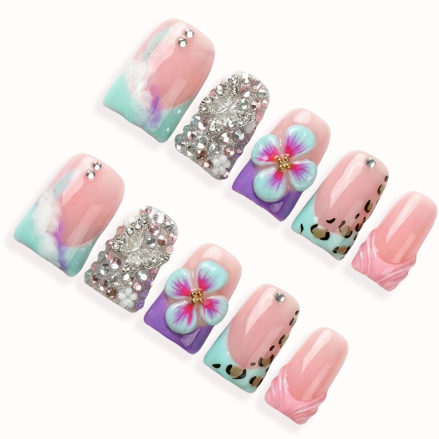 Handmade Acrylic Press on Nails Short Duck Nails Press on 3d Floral Designs Square Reusable Fake Nails Luxury Rhinestones Cute for Women (Size M）