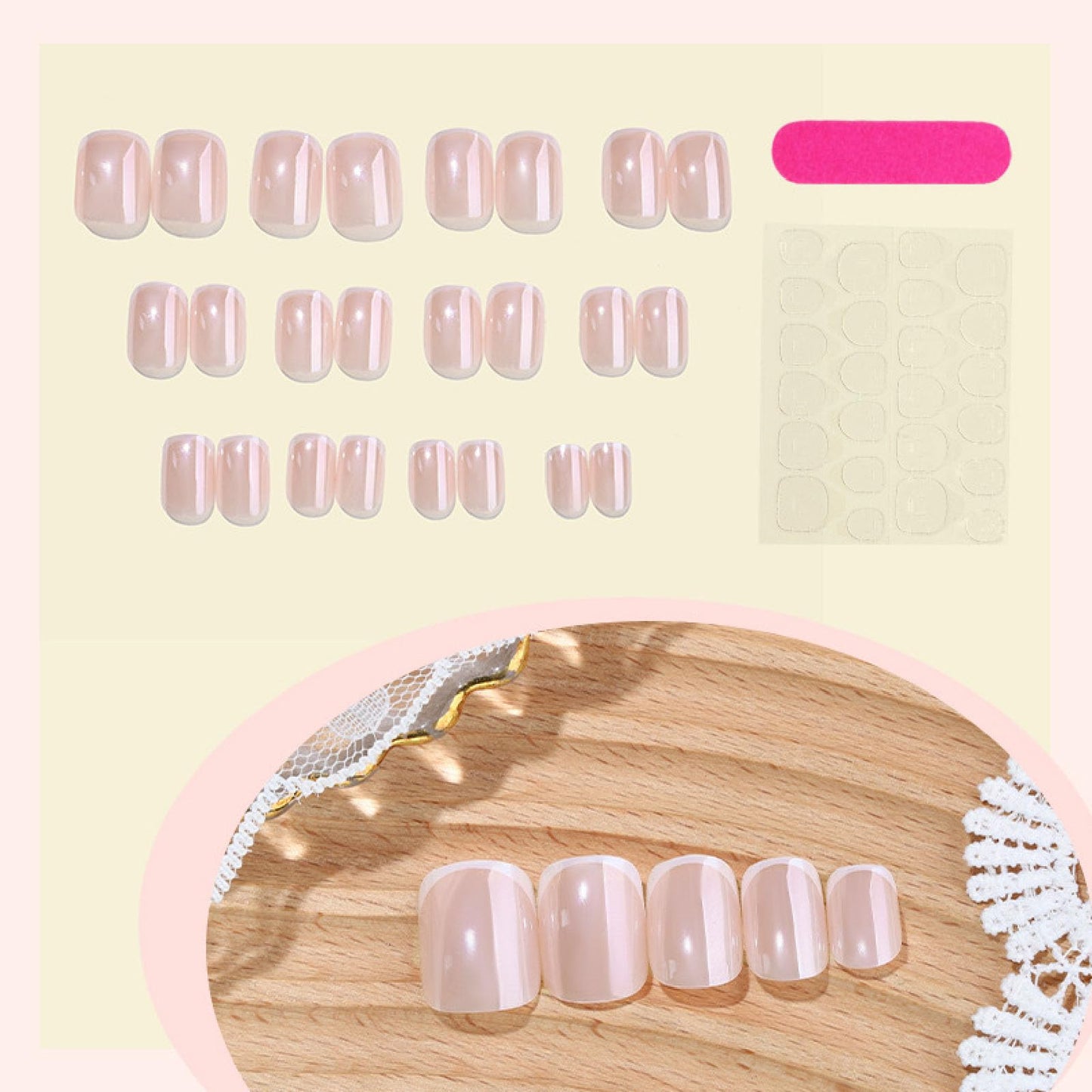 24Pcs Chrome Press on Nails Short Square Fake Nails with French Tip Full Cover Glossy Designs Nails Press ons Pink False Nails Simple Stick on Nails for Women