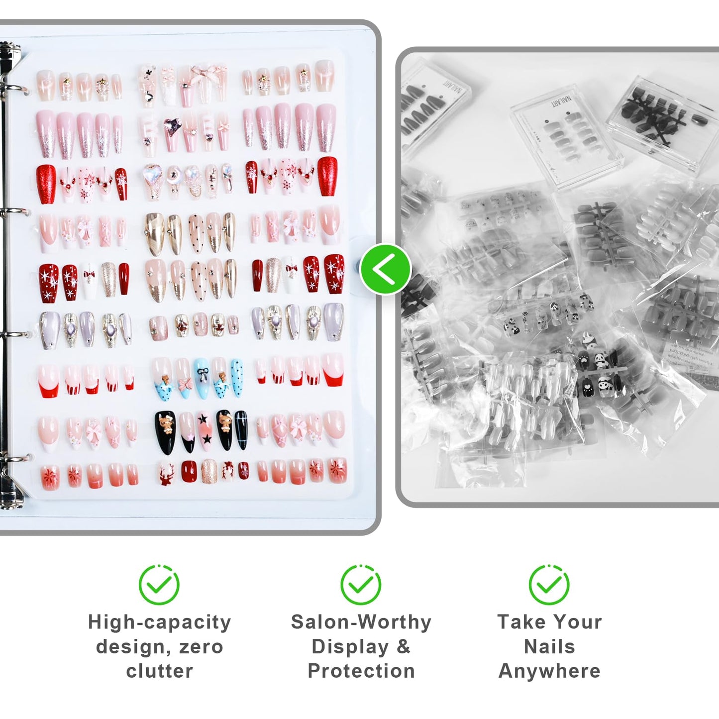 Yazikisa Large Press-on Nails Organizer Book Set Clear Press ons Nail Storage Box Binder Removable Loose-Leaf Packaging Case Salon Sample Styles Display Supplies 6 Page A4