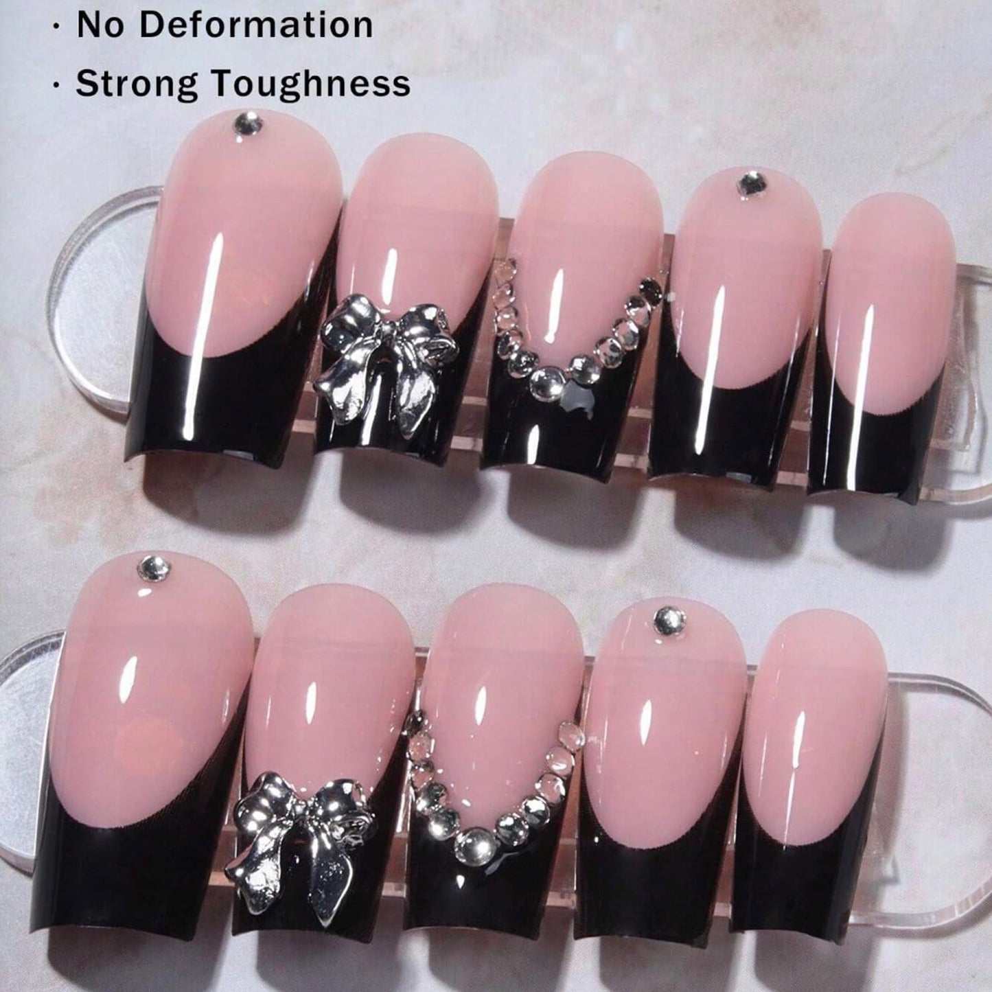 24Pcs Black French Press on Nails Long Coffin Fake Nails with Charm Bow Design,French Tip DIY Manicure Square False Nails Press ons Glitter Rhinestone Nails Kit for Women,Daily Wear Nail Decorations