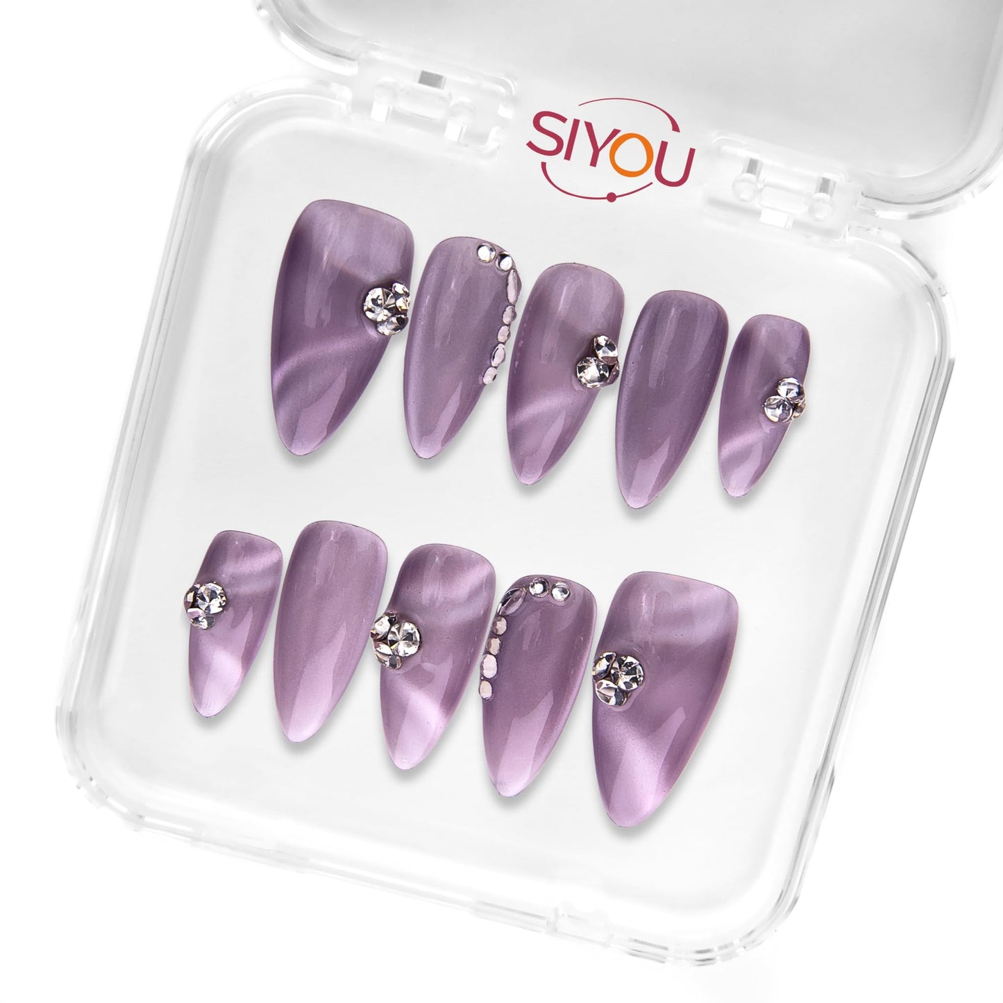 SIYOU Beauty | Mystical Glow | Purple Glow Medium Almond Press On Nails for Women (Medium) - Reusable, Salon-Quality Fake Nails (10pc)