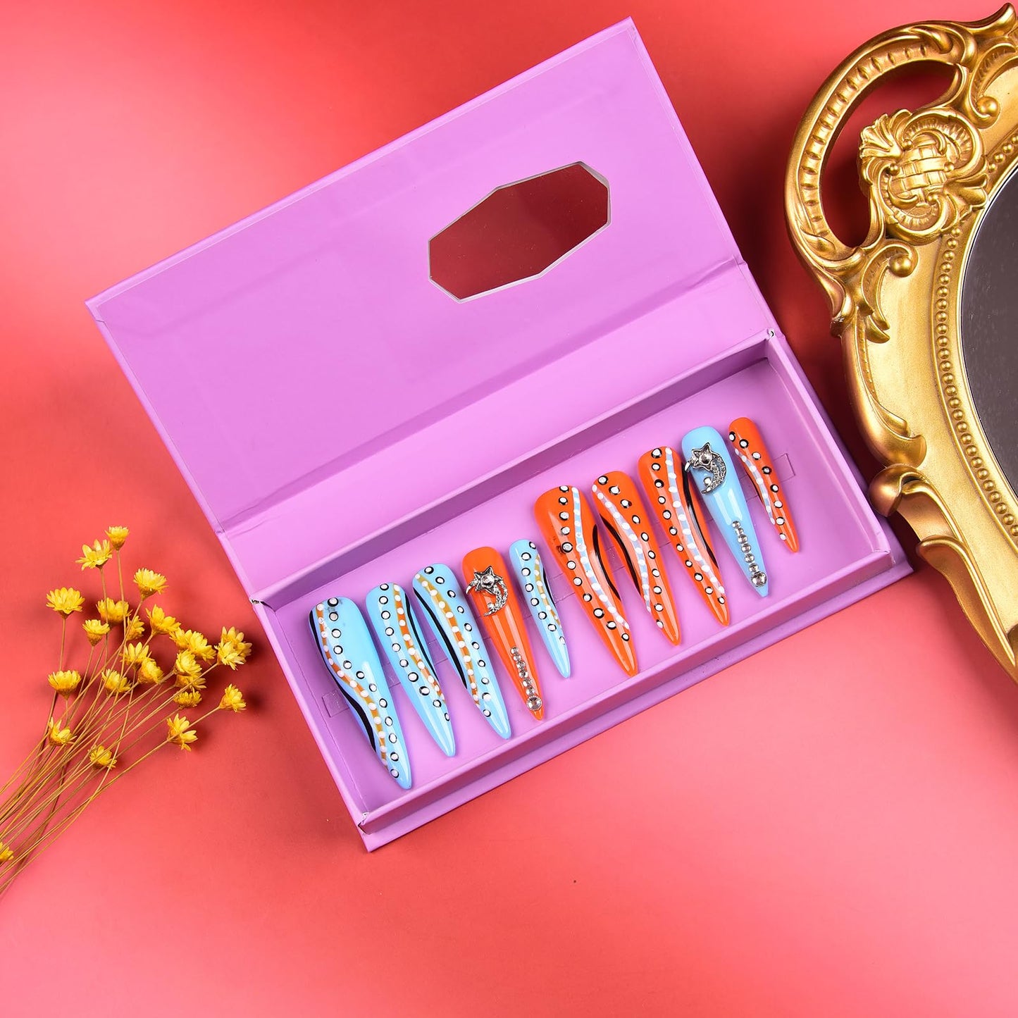 Tmani 10pc/set Extra Long Handmade Press On Nail Hot Girl's Long Ballet Nails Pointed Nail Full of Diamond Glitter Decoration Fake Nails Suitable For Girls Festival Parties and Birthday Gift（109,S)