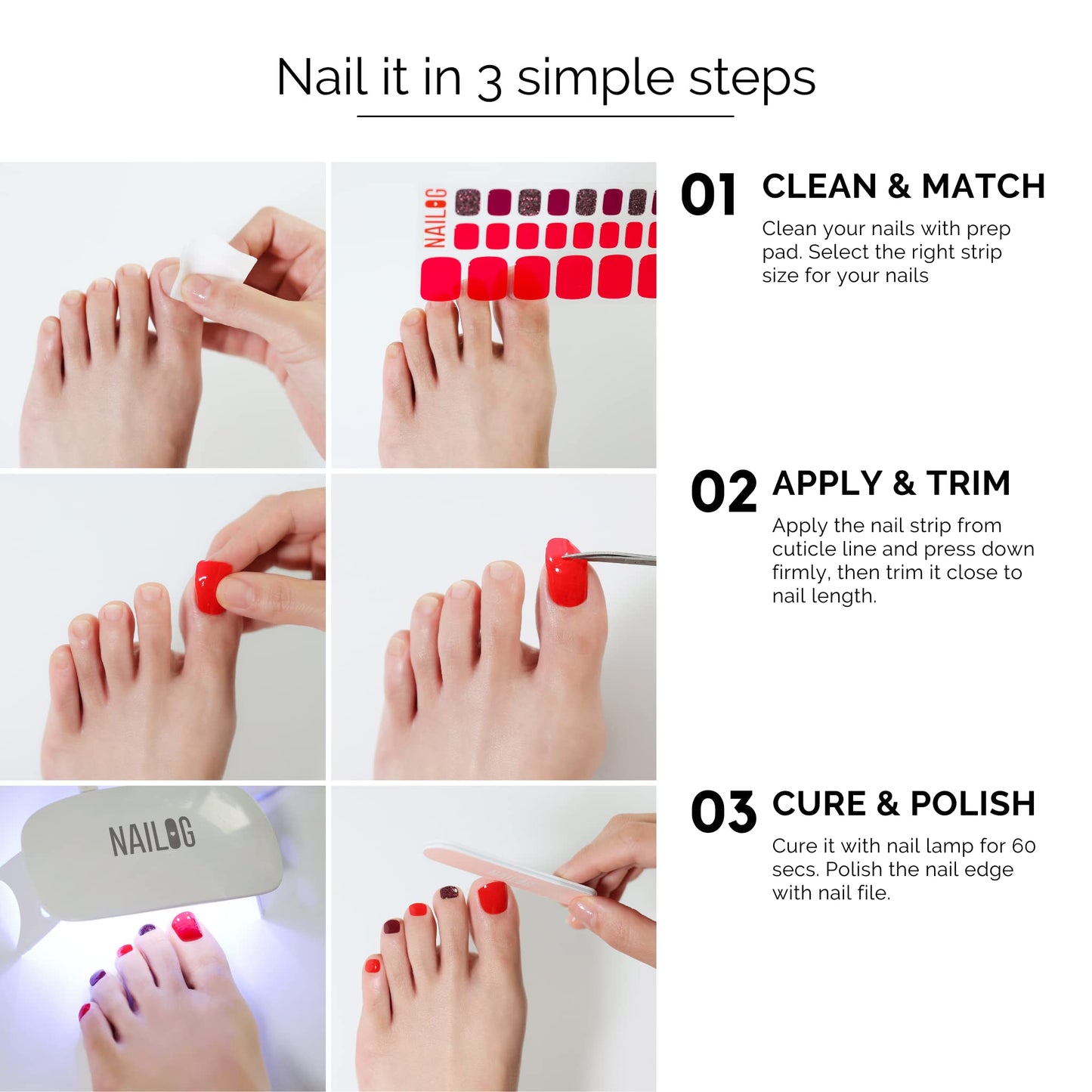 NAILOG Semi Cured Gel Nail Strips, Toe Nail Polish Strips with Glossy Gel Finishing | Buy 3 Get 1 UV Lamp| 32 Pieces Long Lasting Pedi Stickers | Dusty Rose