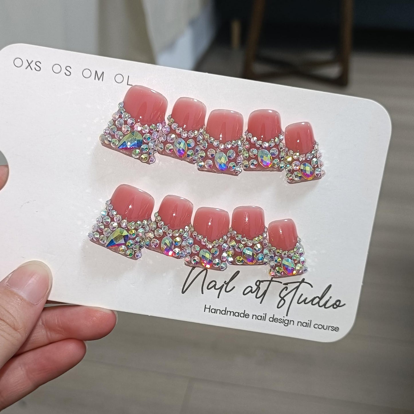 TENPAL 10Pcs Handmade Coffin Nails Kits,DuckBill Press On Nails With Tools,Icy Pink French Tip Fake Nails with Full Crystals Designs,Glitter Edgy Sweet Cool Acrylic Glue on Nails Short for Party(S)