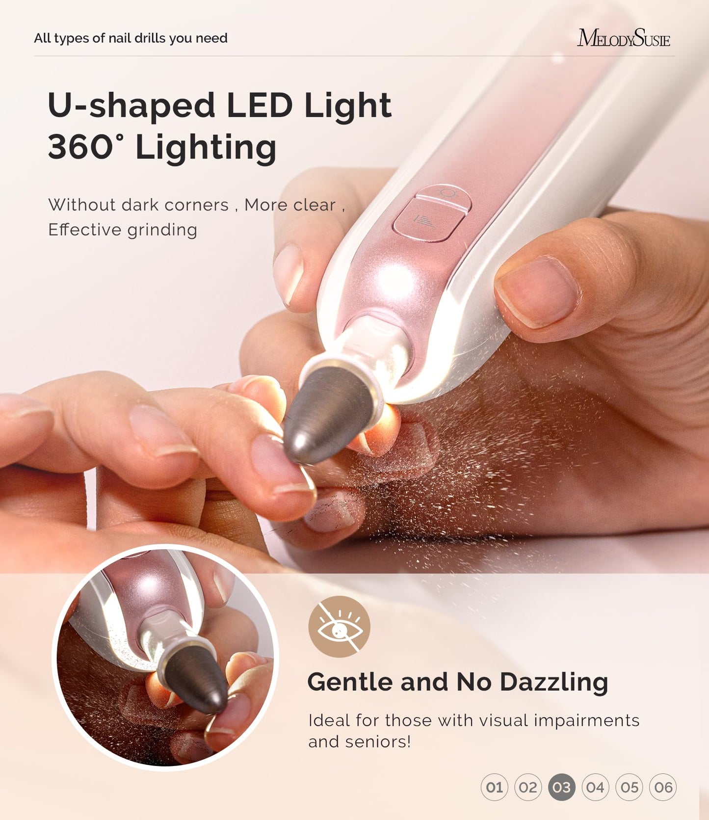 MelodySusie Cordless Pedicure & Manicure Nail Drill Kit, PC760G for Salon-Quality Foot Care for Home & Travel, Rechargeable with 5 Speeds, 8-in-1 Bits, 360° LED Light & Anti-Dust Shield