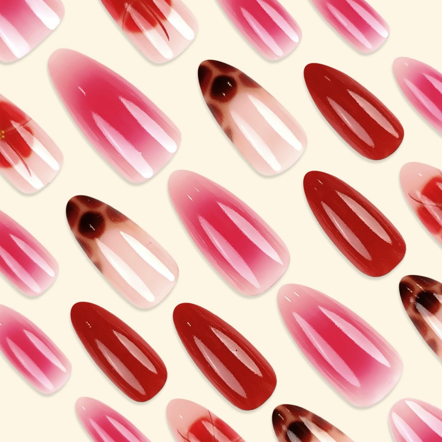 Long Press on Nails Almond Fake Nails Red False Nails French Artificial Nails with Flowers and Leopard Designs FloralStick on Nails for Women 24pcs