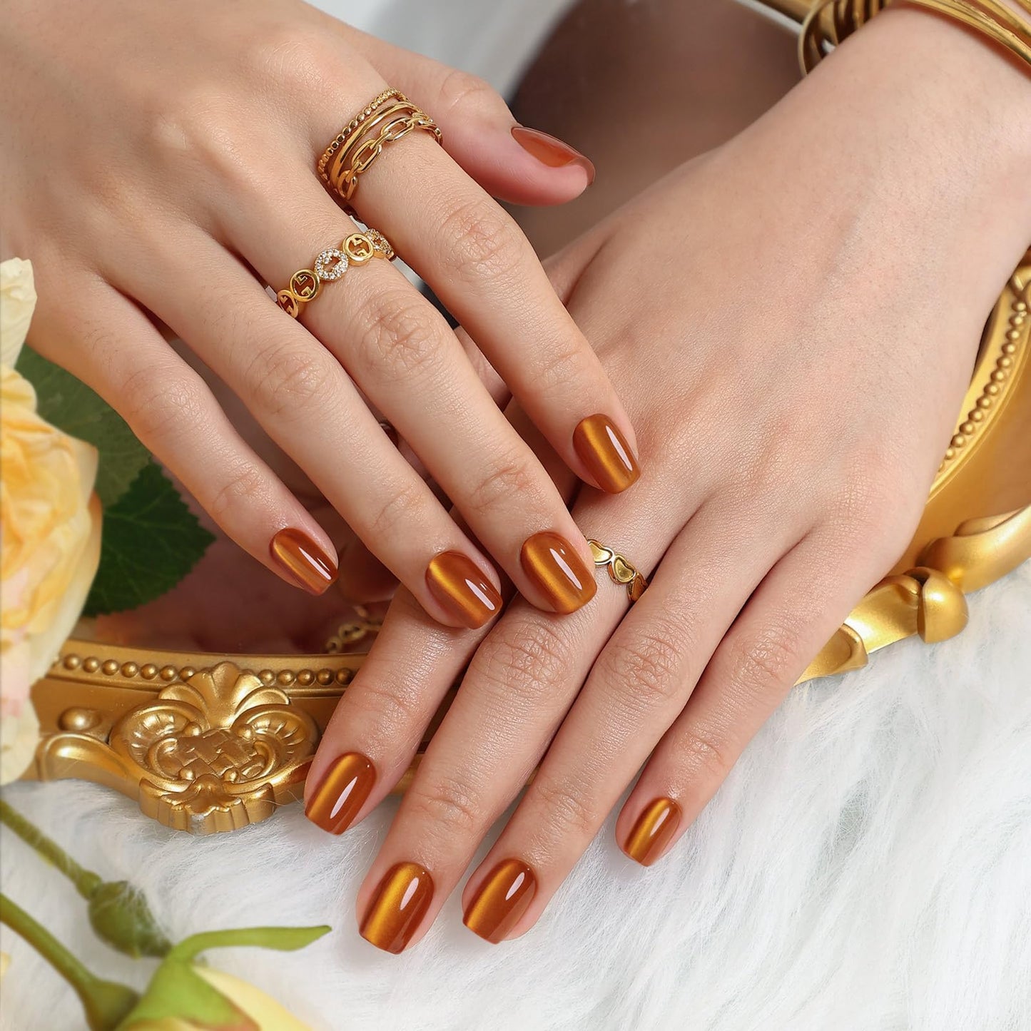 Burnt Orange Cat Eye Press On Nails Short- GJZEZ Amber Yellow Light Brown Soft Gel Square Cateye Glass Fake Nails Press Ons Gifts for Women | 16 Sizes - 32 pcs Reusable Salon Quality Faux Nail, Ginger