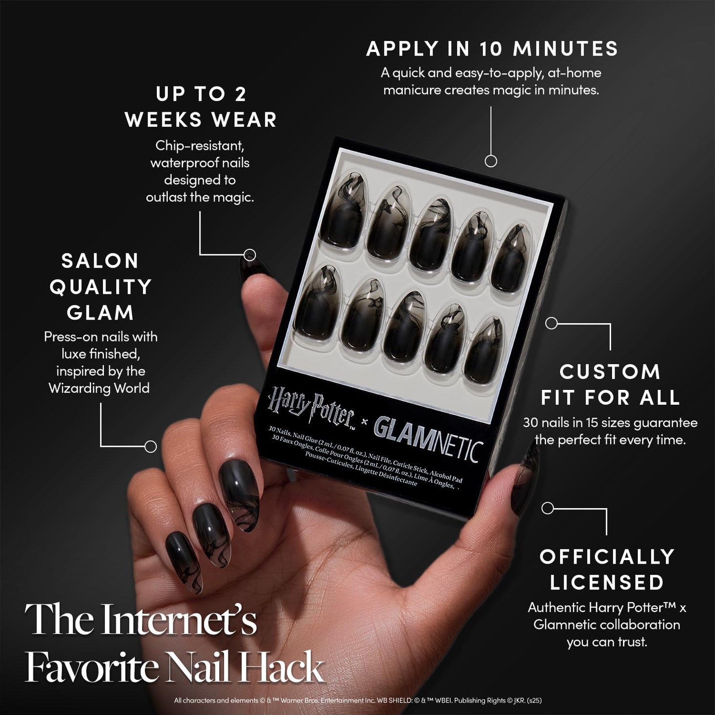 Harry Potter™ x Glamnetic Press-On Nails Bundle - Harry Potter™, Dementor™, Unicorn Blood, Mandrake & Lumos | Short Almond Fake Nails with Black French Tips, Glasses & Hidden Lightning Details | Mediu