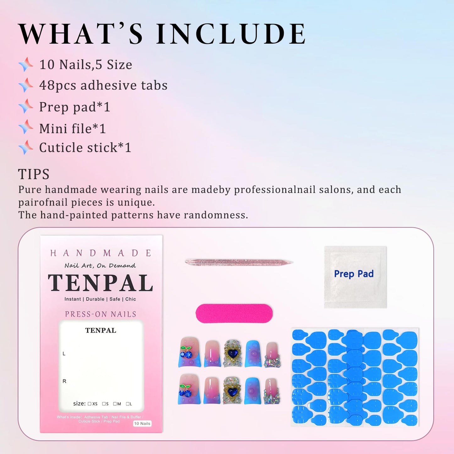 TENPAL Handmade French Tips Press on Duck Nails Kits - Icy Blue Purple Ombre Duckbill Nails with 3D Cherry Design, Acrylic Glossy Y2K False Nails for Women Girls Daily Parties(S)