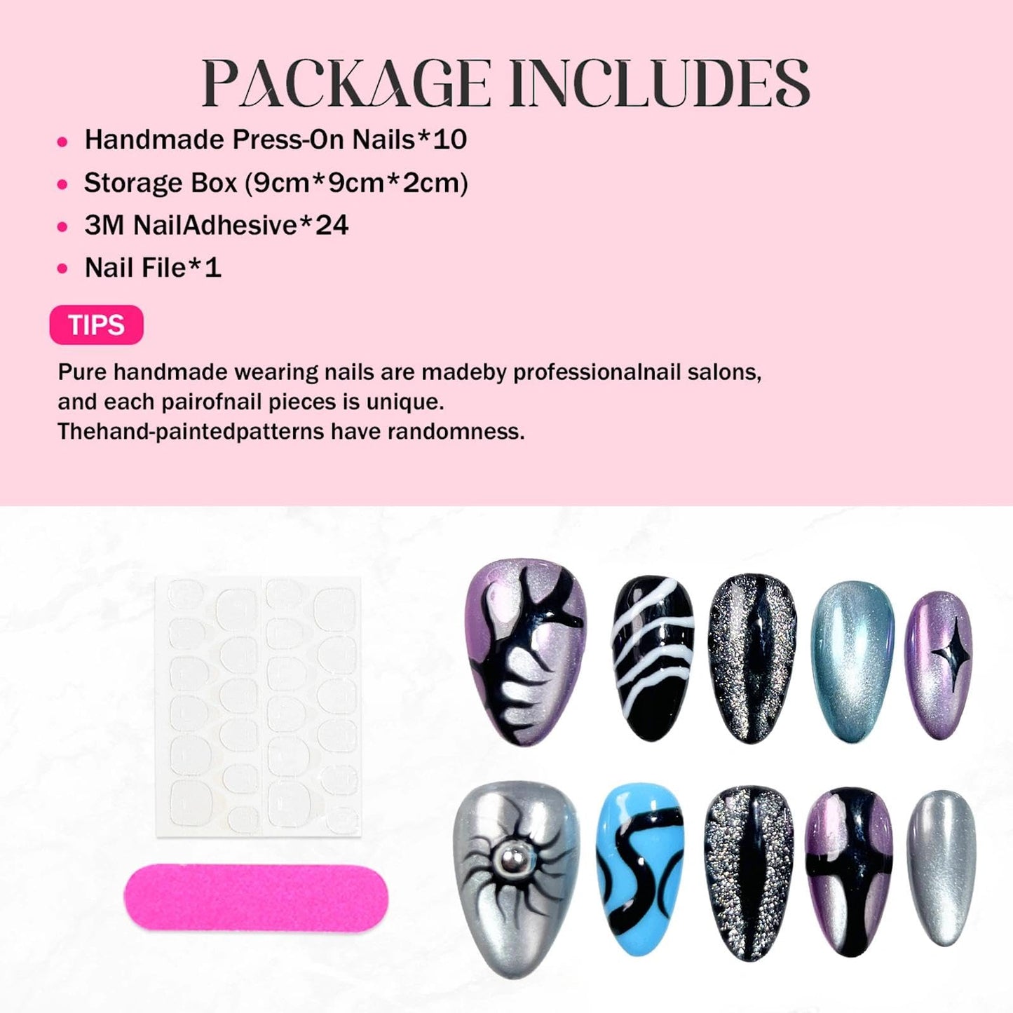 Handmade 3D Dark Mystic Oval Press On Nails, Multi-Color Stream Star Artisan Nails Set, Reusable Glossy Press-ons with Tool Kit(S)