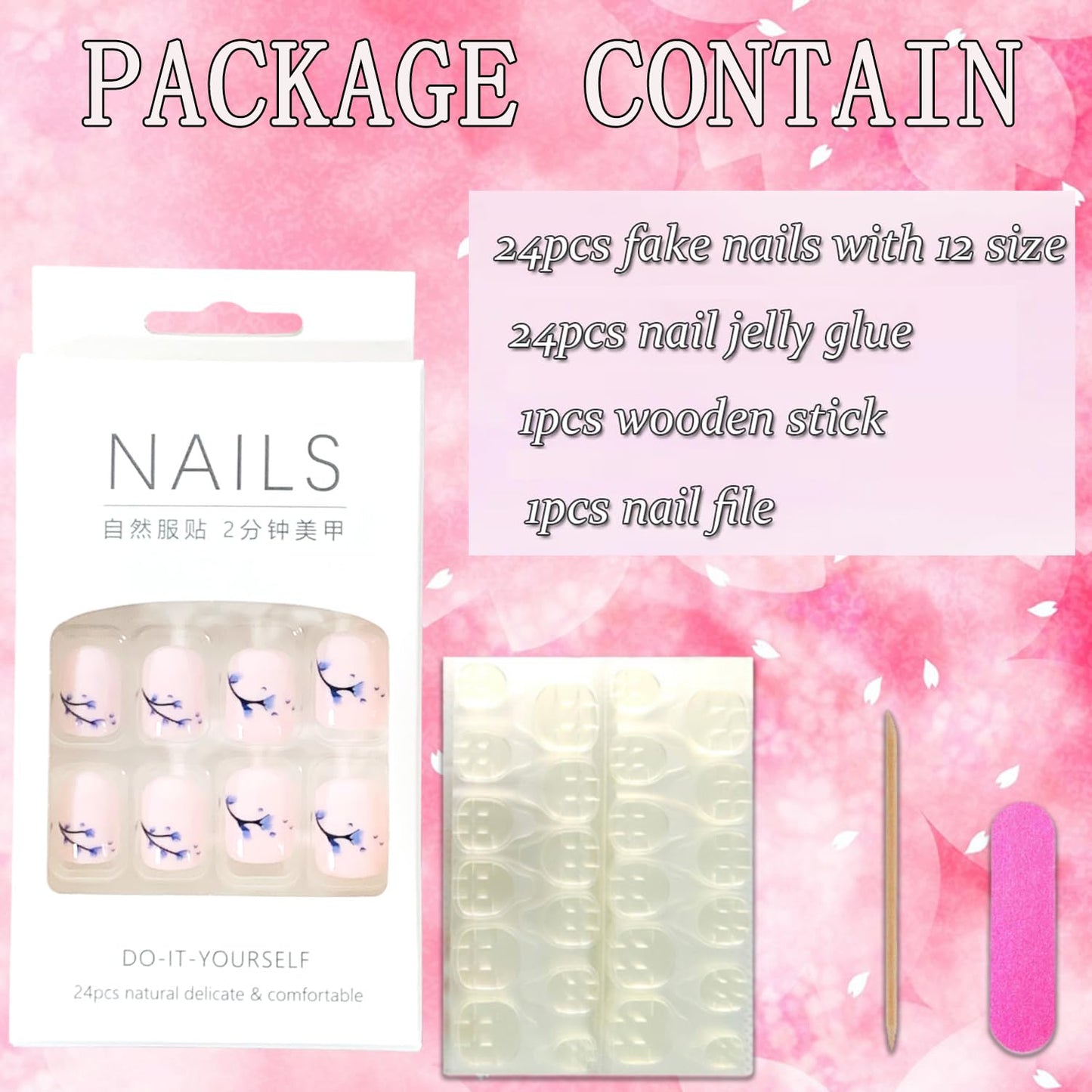 Vezocim Flower Press on Nails Square Shapes, 24Pcs Nude Short Artificial Fake Nails with Blue Floral Bud Designs, Full Cover Glossy Coffin Acrylic False Nails, Stick on Fingernails for Women(W1048)