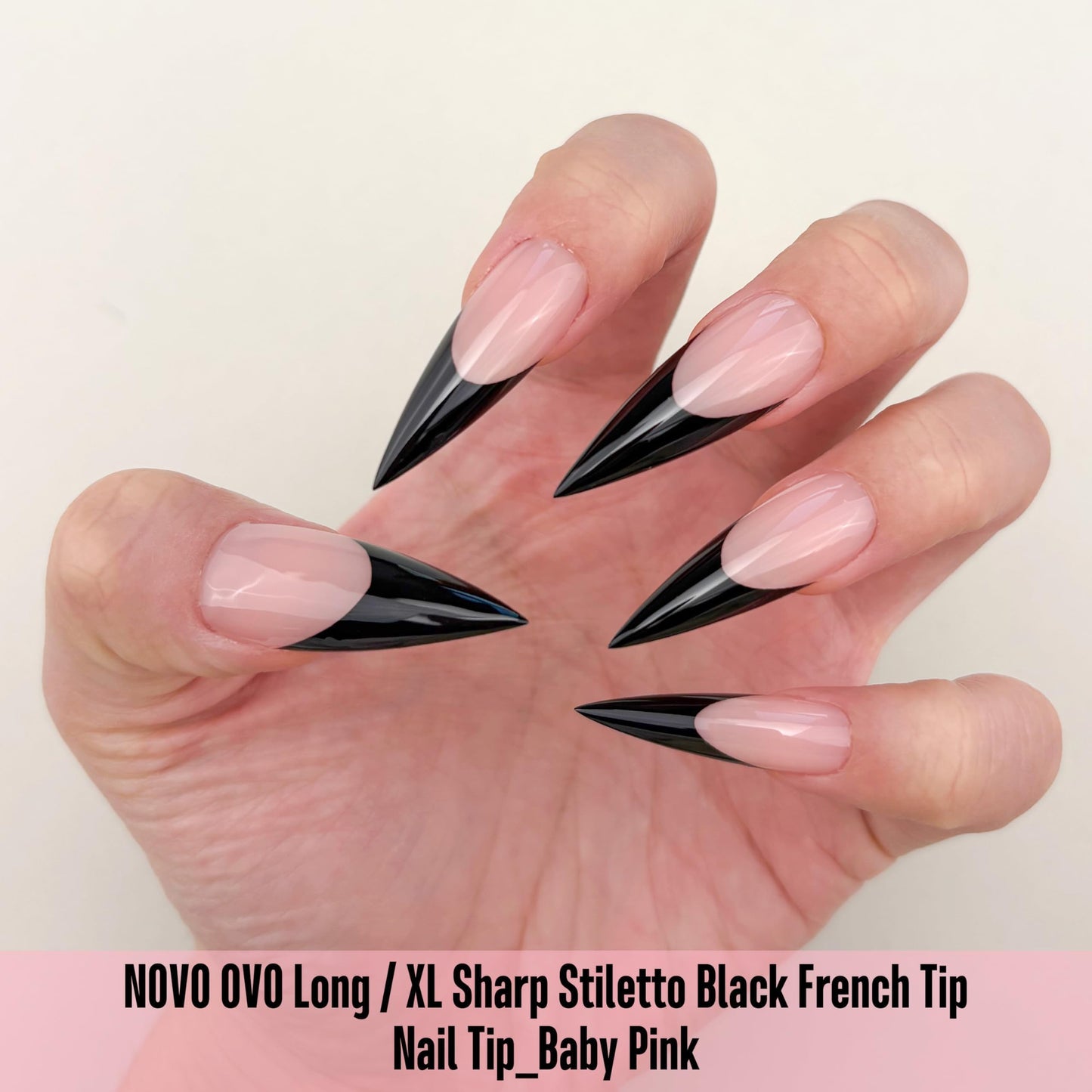 NOVO OVO Black French Tip Long XL Sharp Stiletto Nail Tips Press on BABY PINK, Soft Gel Double Matte Fake Nail Extension, Full Cover False Nails for Acrylic DIY x 16 Sizes 160 pcs