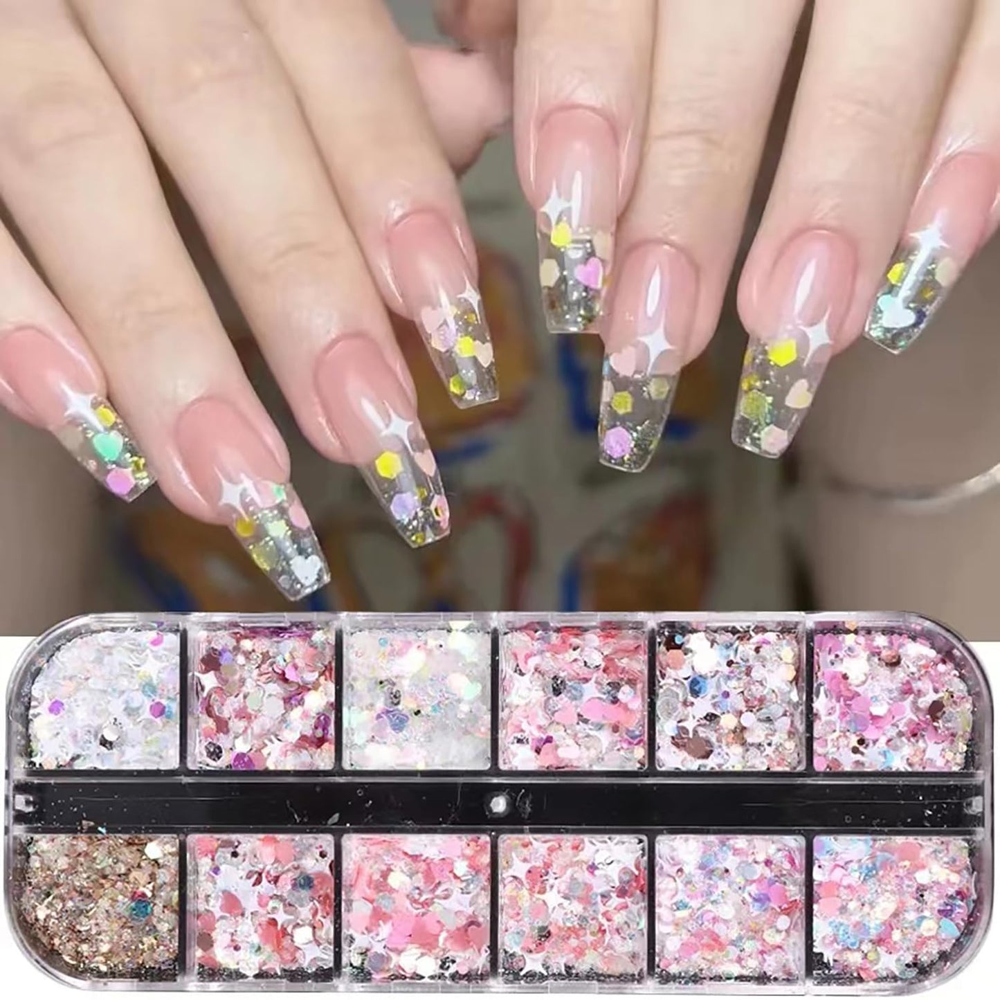 Nail Art Glitter Flakes, Pink Irregular Glitter Nail Sequins Love Heart Star Small Discs Design Nail Supplies for Women Girls Valentine's Day Manicure Charms Decorations DIY Sparkly False Nails Crafts