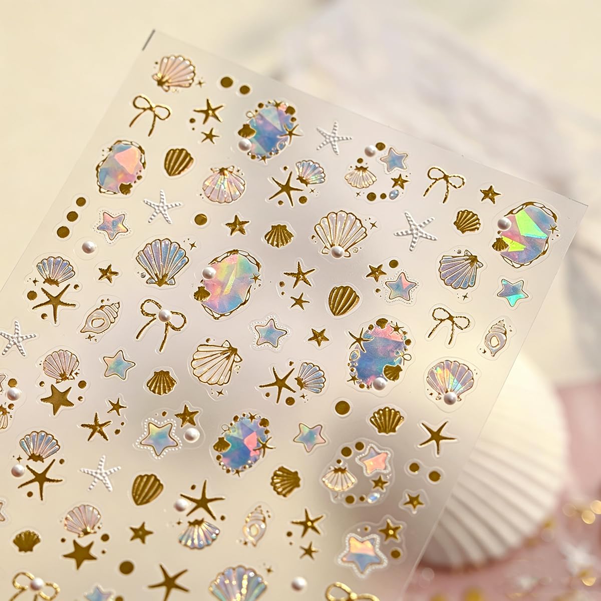 Summer Ocean Nail Art Stickers 5D Embossed Seashell Starfish Nail Stickers Gold Foil Nail Decals with Bow Design Self-Adhesive Y2K Nail Accessories for Women Girls DIY Manicure 1 Sheet