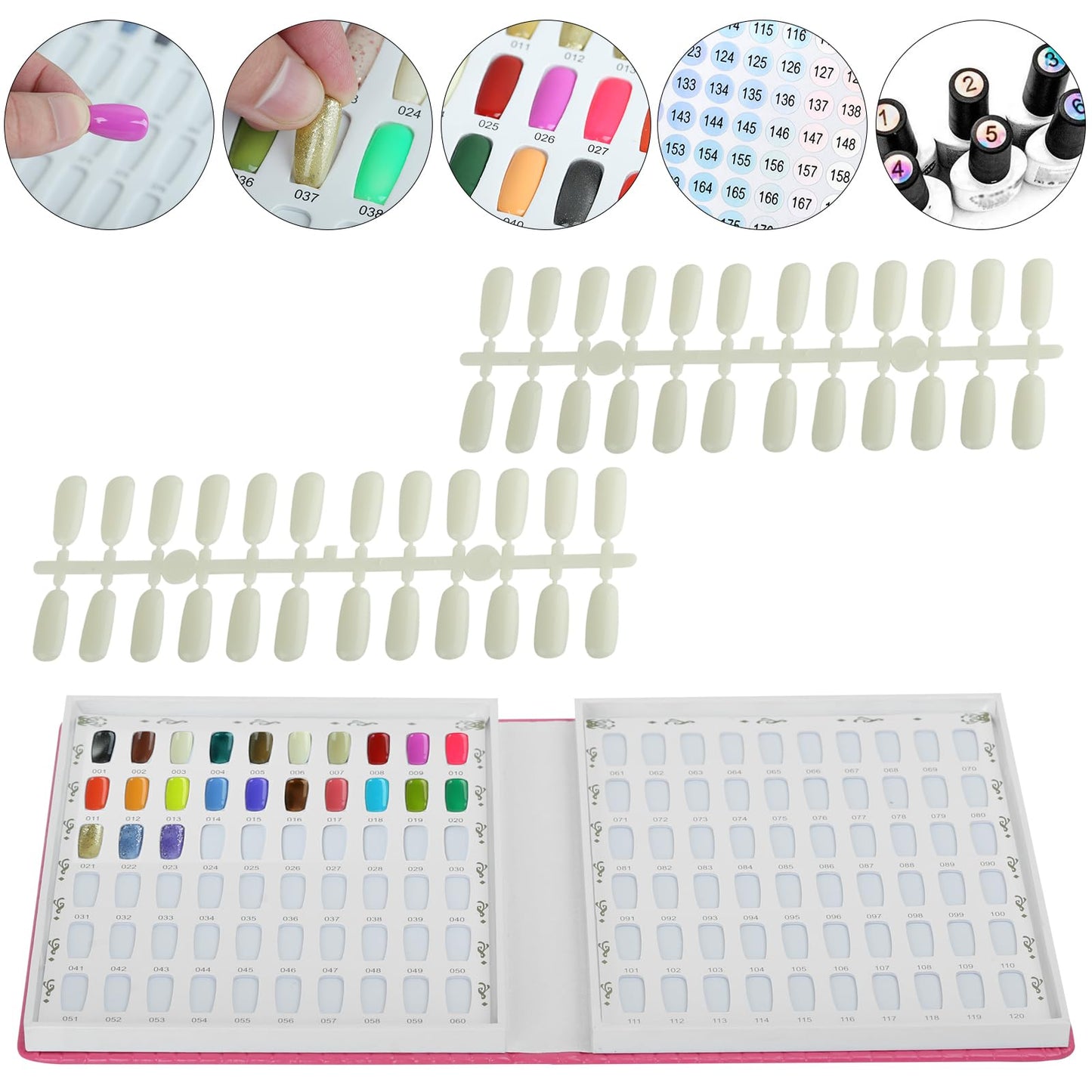 vnjaoi 120 Colors Nail Swatches Book with 240 Nail Tips and Number Labels Leather Nail Gel Polish Display Book Nail Painting Practice Design Board No Need Pasting, No Need Glue