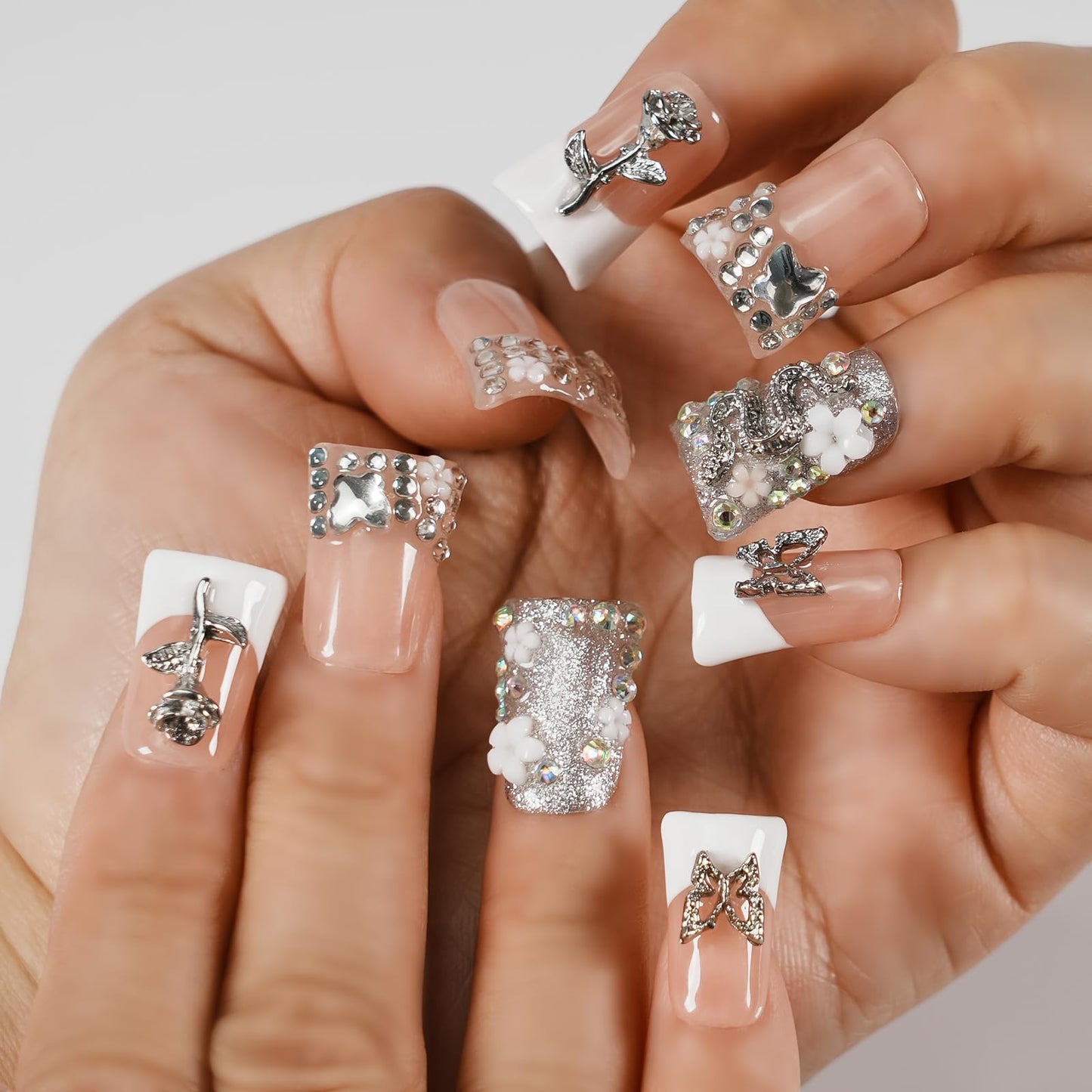 Tesytto Handmade Press on Nails Short Duck White French Tip Thick Acrylic Fake Nails 3D Floral Metallic Rose Butterflies Luxury Rhinestone Design (Silver Ash Butterfly Sheen,L)