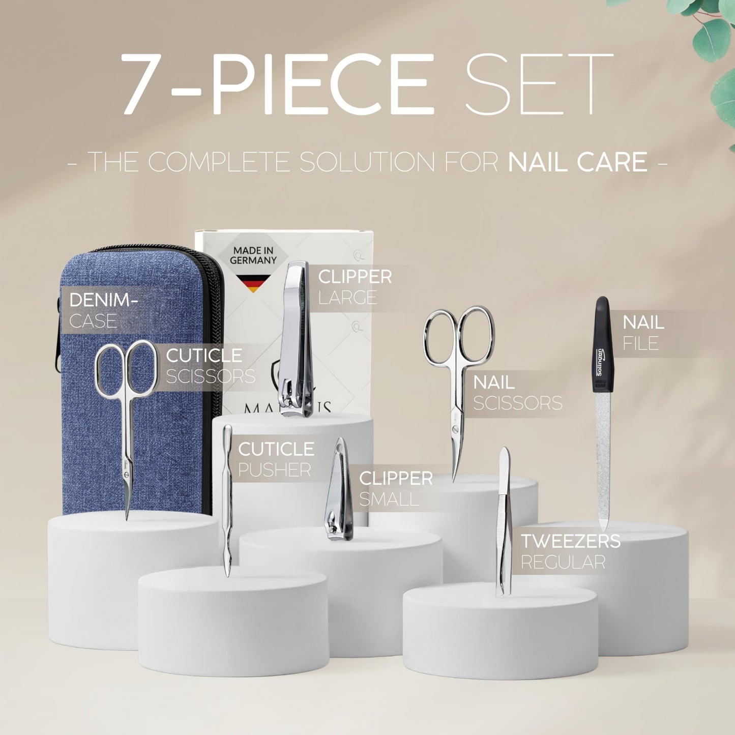 Manicure Set Solingen Made in Germany - 7 Piece Exclusive Finger & Toe Nail Clippers Kit for Women and Men in Vegan Leather Case, Color Jeans