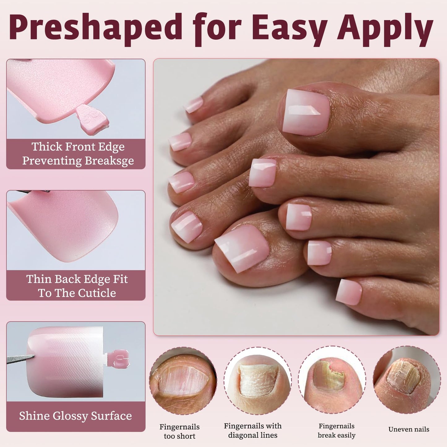 Bellelfin Ombre Press On Toenails For Women with Nail Adhesive Tabs, 150 Pcs Pink Ombre Toe Nail Press Ons, Short Square Toenail Press On, 15 Sizes Full Cover Acrylic Fake Toe Nails