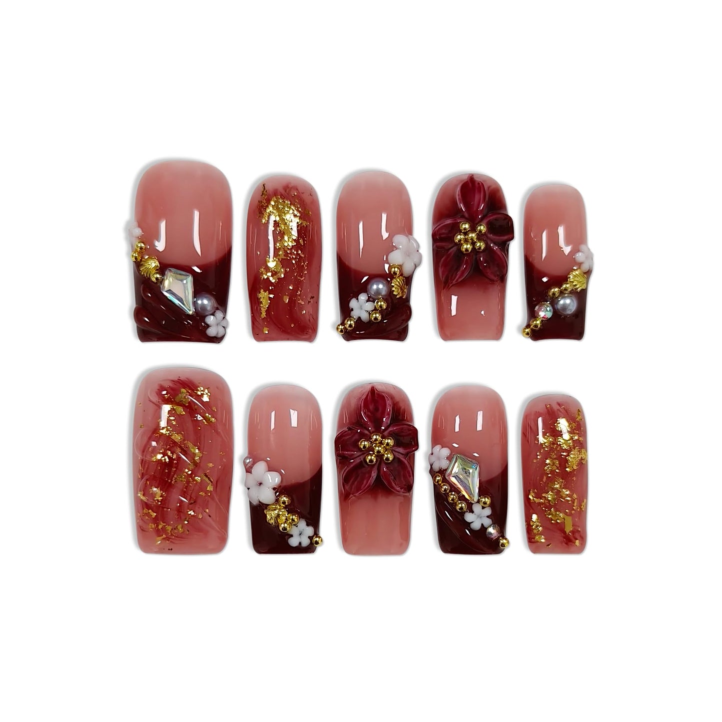 TENPAL Wine Red French Tips Press on Nails Medium Coffin, Ombre 5D Flower Pearl Sweet Sexy Glitter Handmade Fake Nails Reusable Daily Wear Salon Acrylic False Nails for Women 10PCS(M)