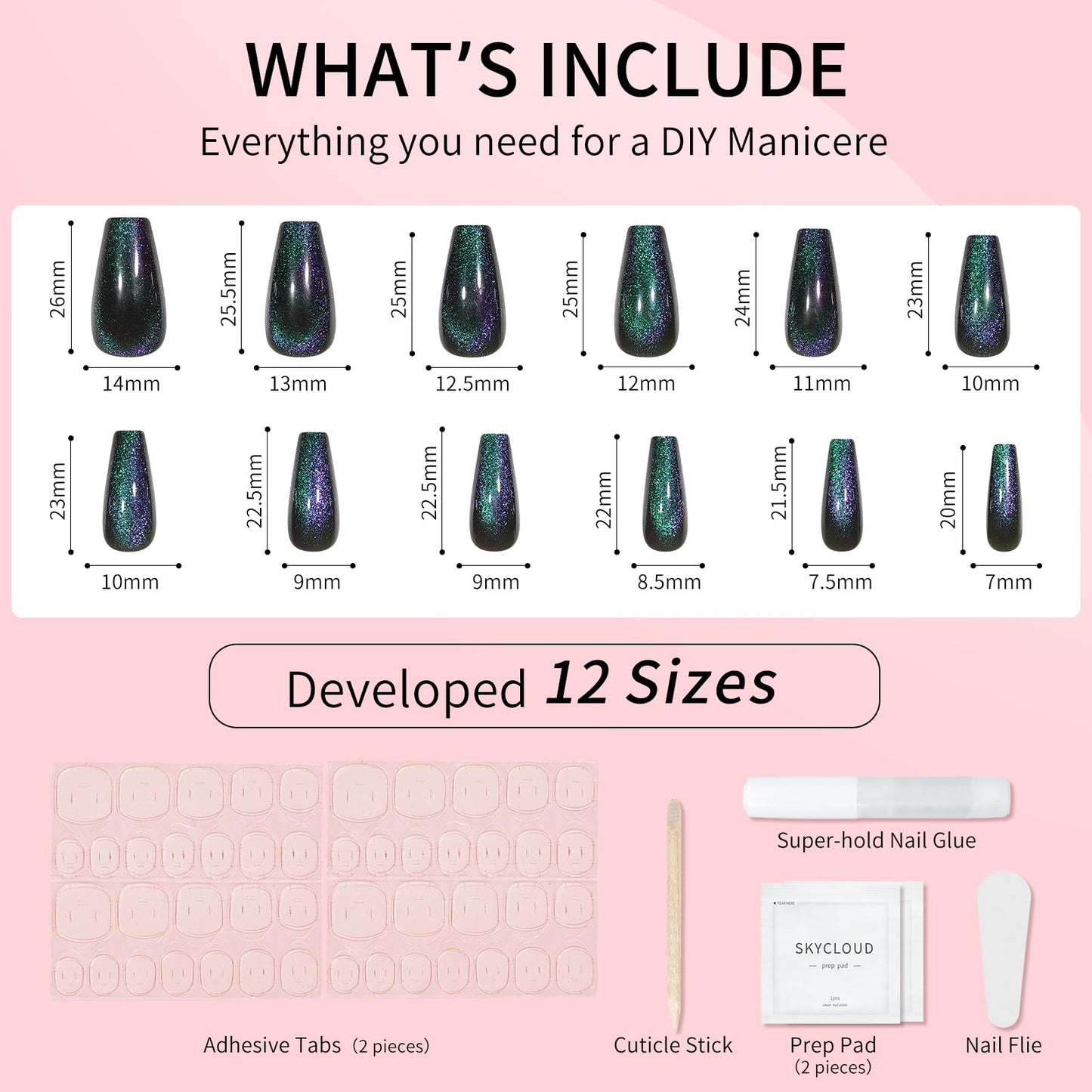 Cat Eyes Press On Nails,12 Sizes - 24 Pcs Soft Gel Dark Green Medium Coffin Fake Nails Kit with Nail Glue, Natural Reusable Stick On False Nails for Women and Girls (Skycloud Dark Green Nails) SK0821