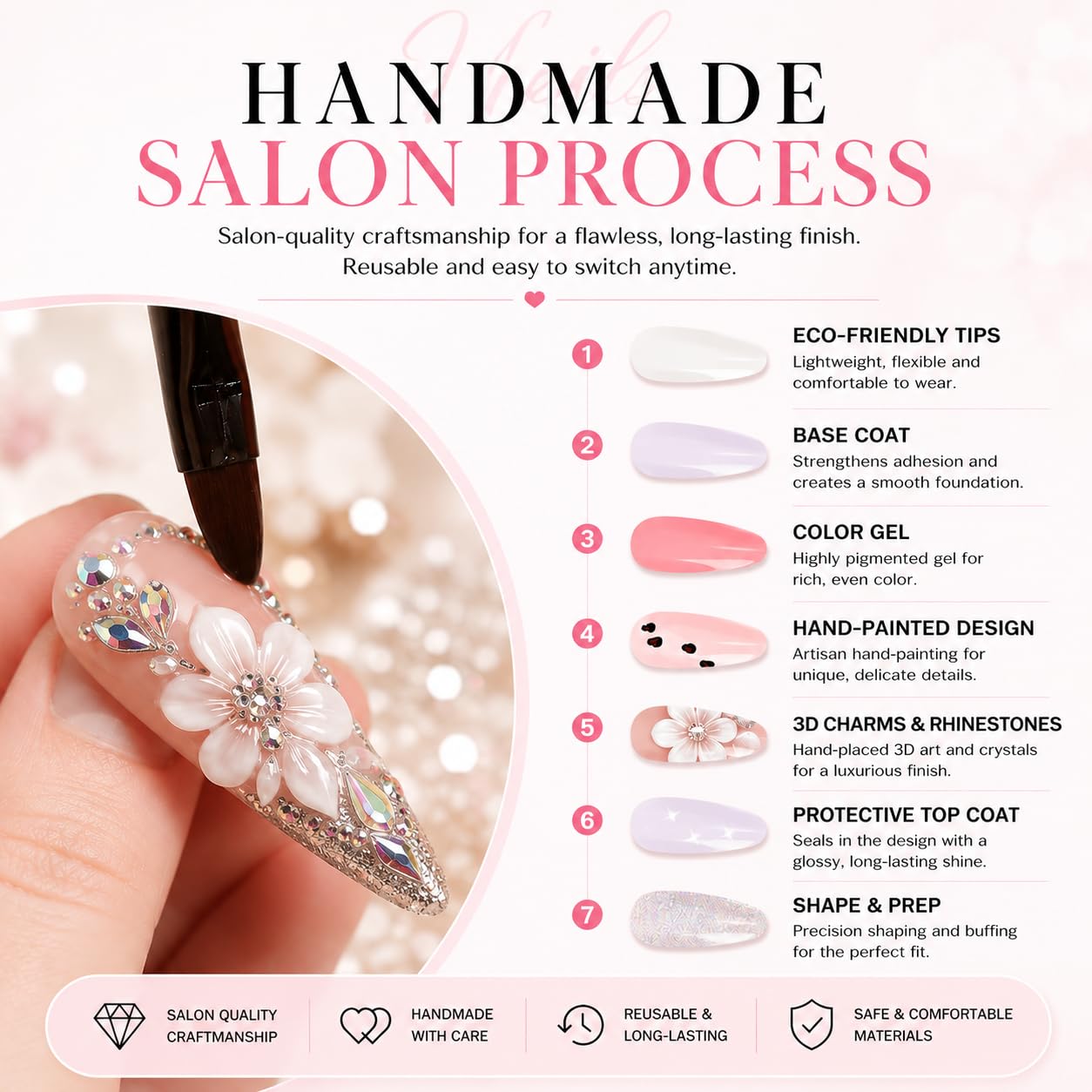 Exylixor Handmade Press on Nails Long Square - 3D Art Flower & White French Tip Fake Nails, Luxury Nude False Nails with Scalloped Wave Edge, 10 Pack for Women (Size M)