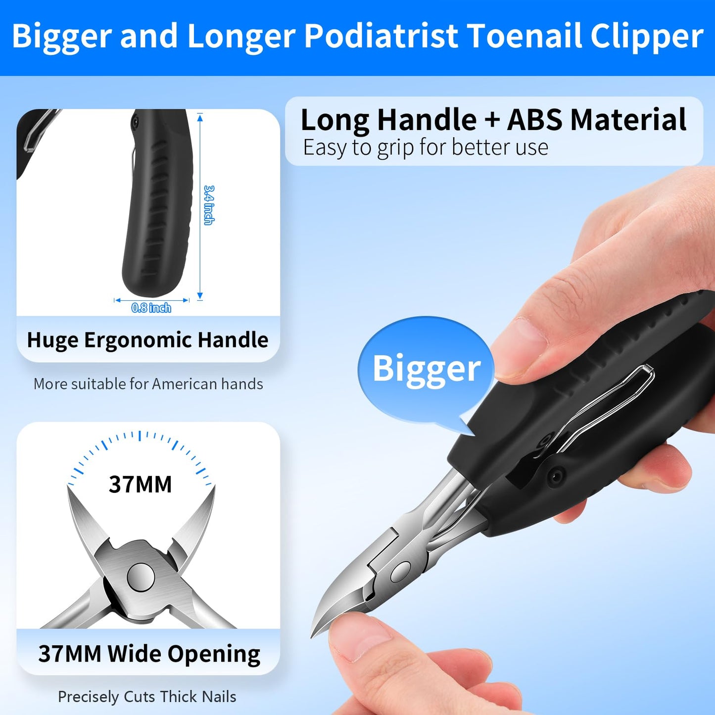TwinWolf Toenail Clippers for Seniors Thick Ingrown Toenails,Heavy Duty Slanted Curved Blade Cutters for Fingernails, Large Ultra Sharp Nail Clippers Set with Wide Jaw for Men Women,5 Pcs,Black