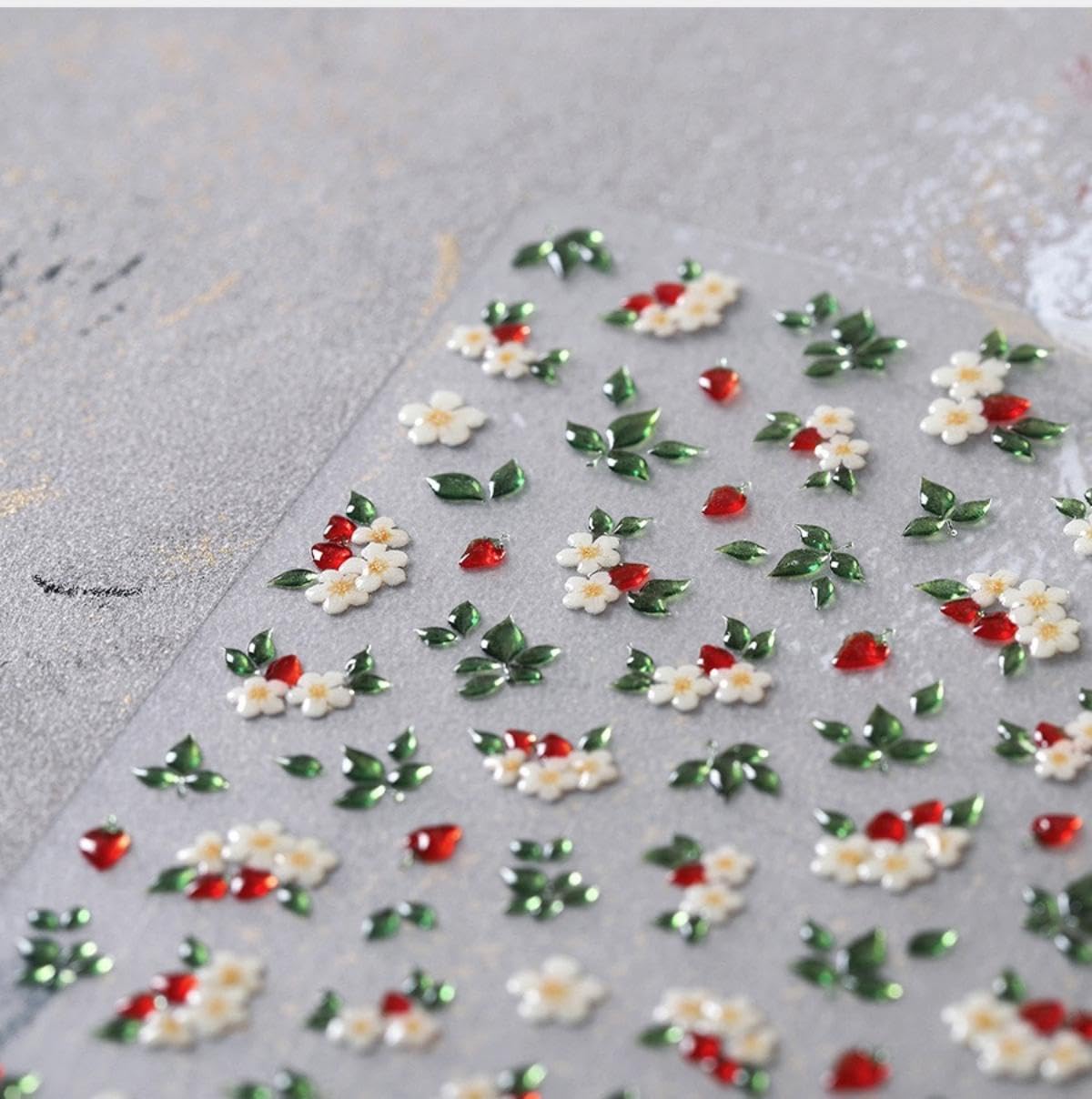 5D Embossed Flower Nail Art Stickers Green Leaf Nail Stickers with Red Pepper Self-Adhesive Flower Nail Decals for Women Girls Spring Summer Manicure DIY Nail Supplies