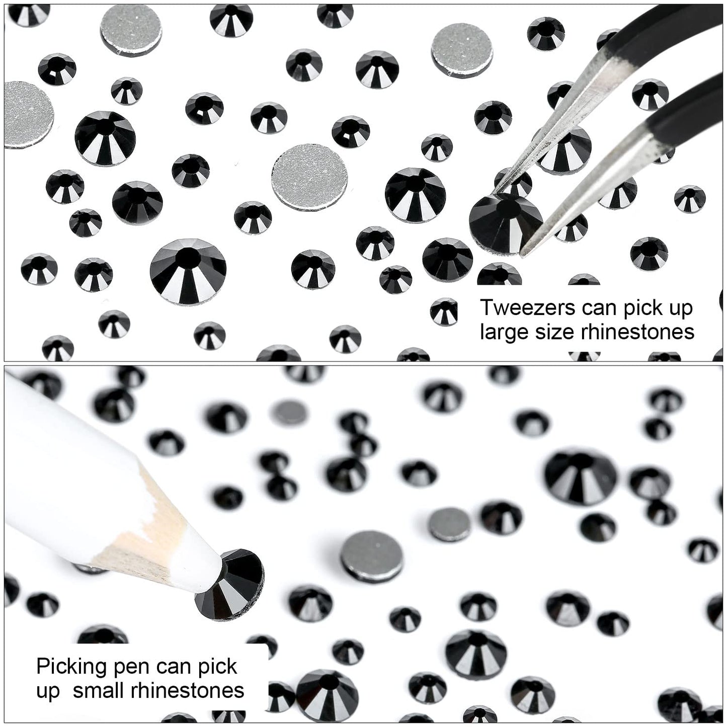 Meibite Black Glass Flatback Rhinestones for Nails, Crafts & Clothes – 4240PCS 6 Sizes (SS6–SS20) Crystal Gems Kit with Tweezers & Picker, Non Hotfix DIY Rhinestones for Tumblers, Shoes, Nail Art