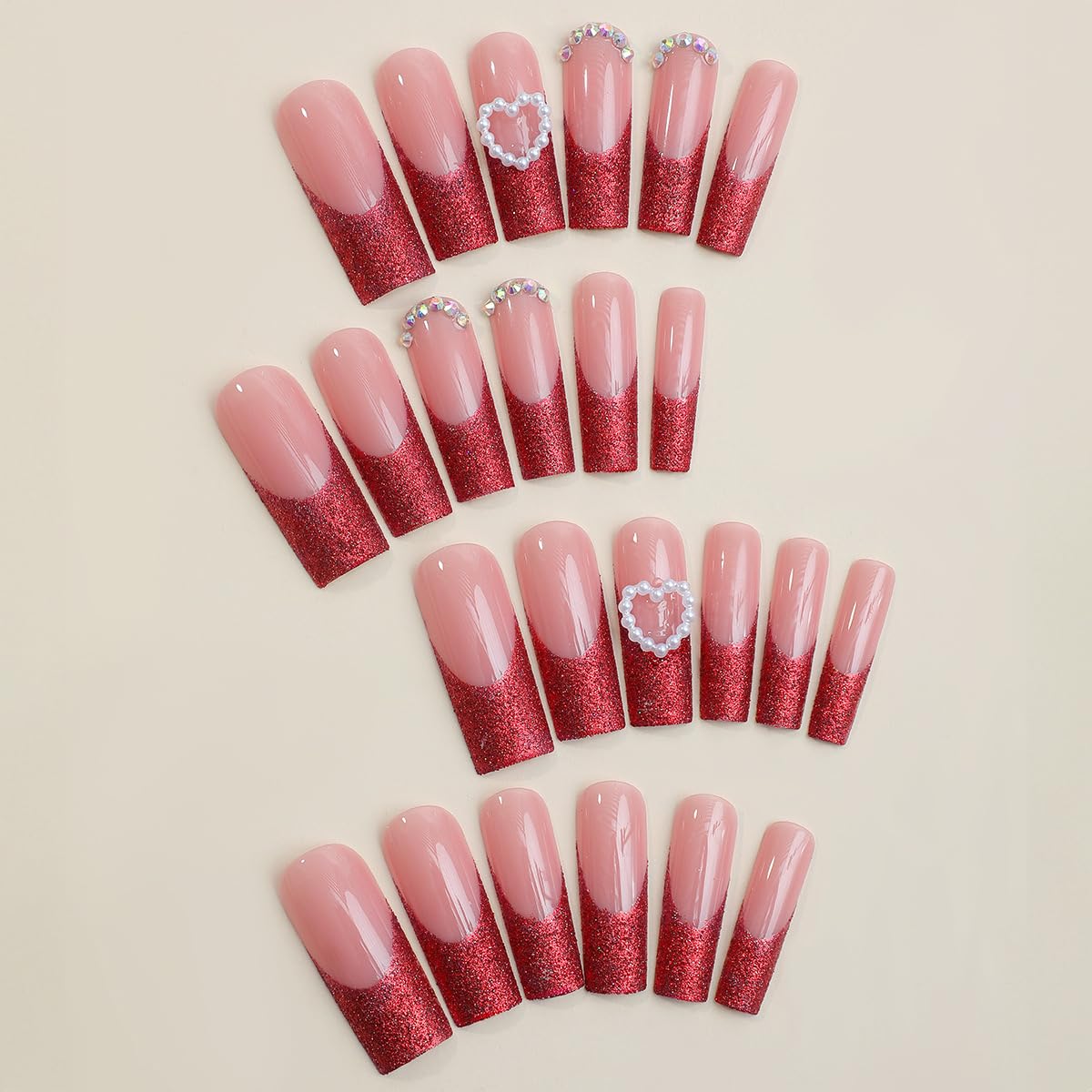 Press On Nails Long Square Fake Glossy Glitter with Rhinestone & Pearl - French Tip Glue on Nails - Artificial, Valentines Day, Acrylic - 24Pcs