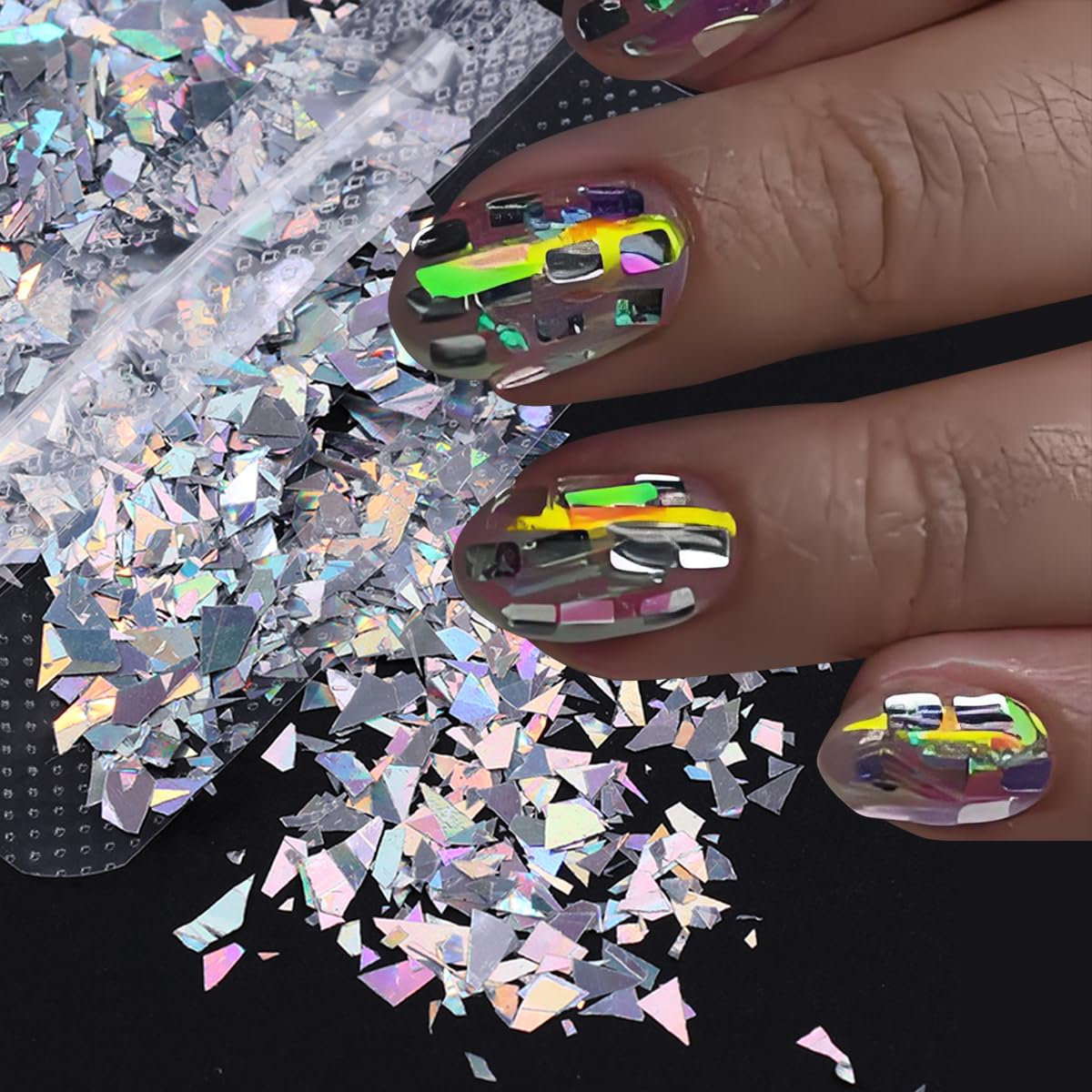 Sparkly Irregular Chunky Glitter Sequin Nail Charms for Nails Design Aurora Laser Silver Glitter for Nails Glitter Flakes Holographic Iridescent Glitter Nail Sequins for Crafts Nail Art Supplies