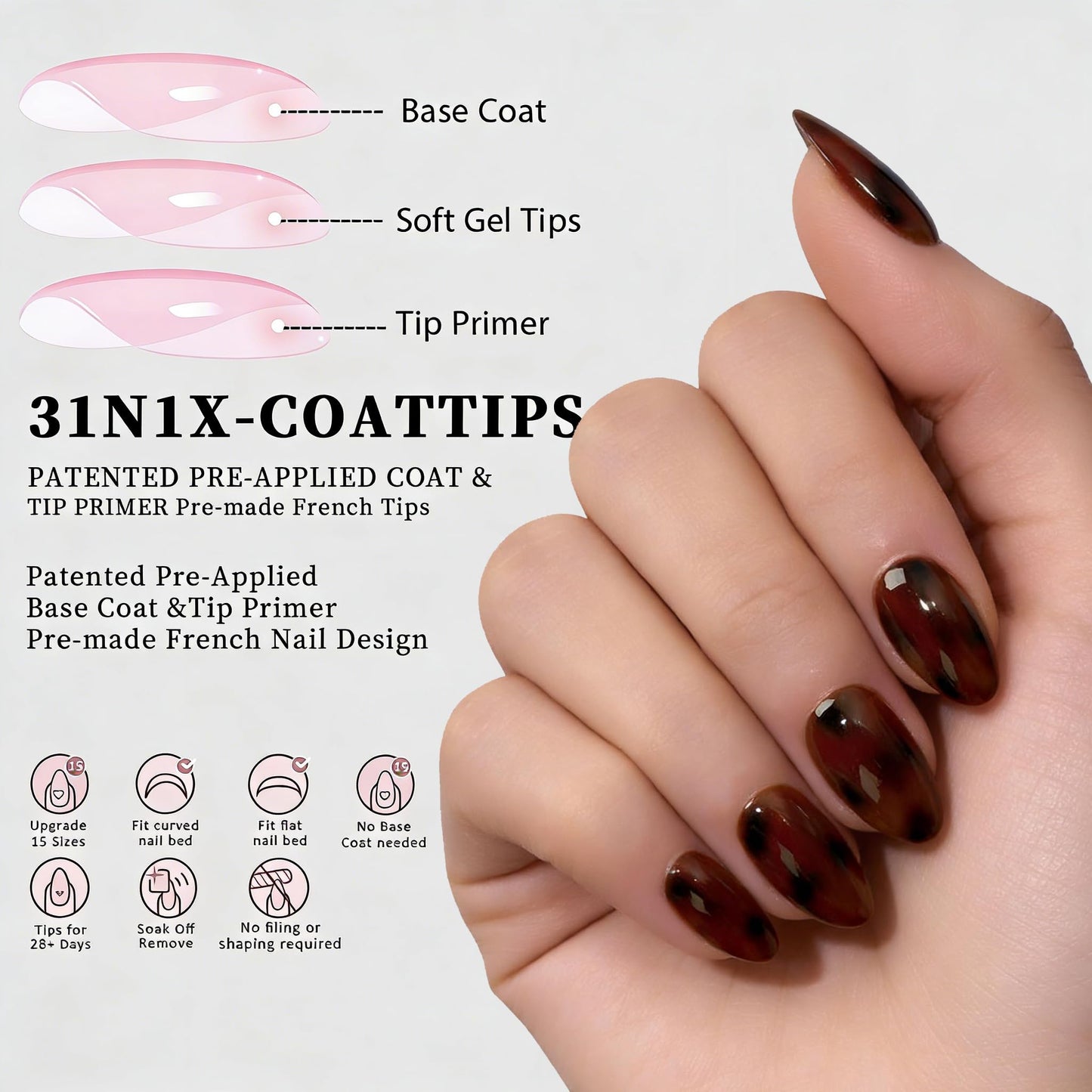 Dsixnails 150Pcs Tortoiseshell Short Almond Press on Nails, Soft Gel Nail Tips 15Sizes, Long Lasting Reusable Fake Nails, Salon Quality Soak Off False Nail Tips for Women Girl Festival Gift