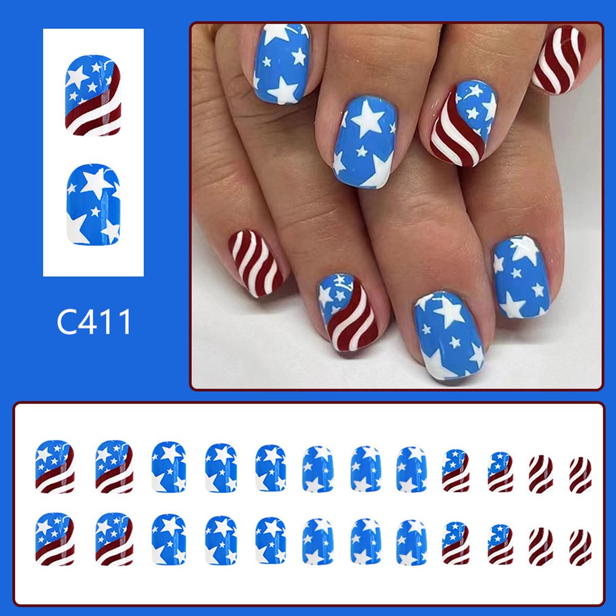 4th of July Press on Nails Short Square Fake Nails Independence Day False Nails Press ons with American Flag Designs Acrylic Nails Full Cover Glue on Nail Stick on Nails for Women Manicure 24Pcs
