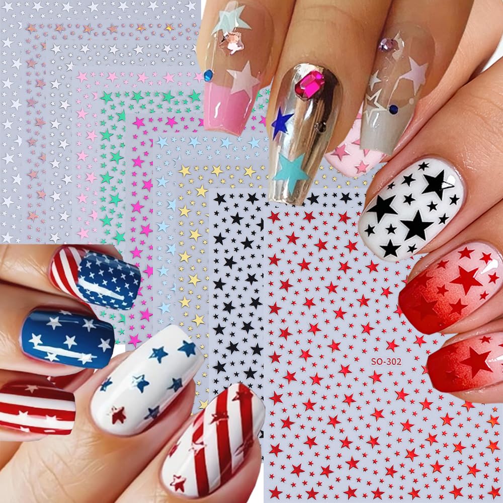 10 Sheets Star Nail Stickers for Nail Art, 3D Self-Adhesive Small Nail Decals, Nail Supplies Nail Art Design Accessories for Women and Girls Manicure DIY Decoration
