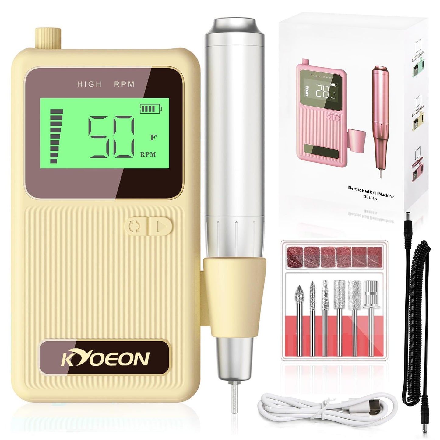 Professional Electric Nail Drill Machine, KYOEON Portable 50000 RPM Nail Drill Tools Kit Supplies with Accessories for Women High Speed Nail File Art Tools for Nail Techs or Salon Home