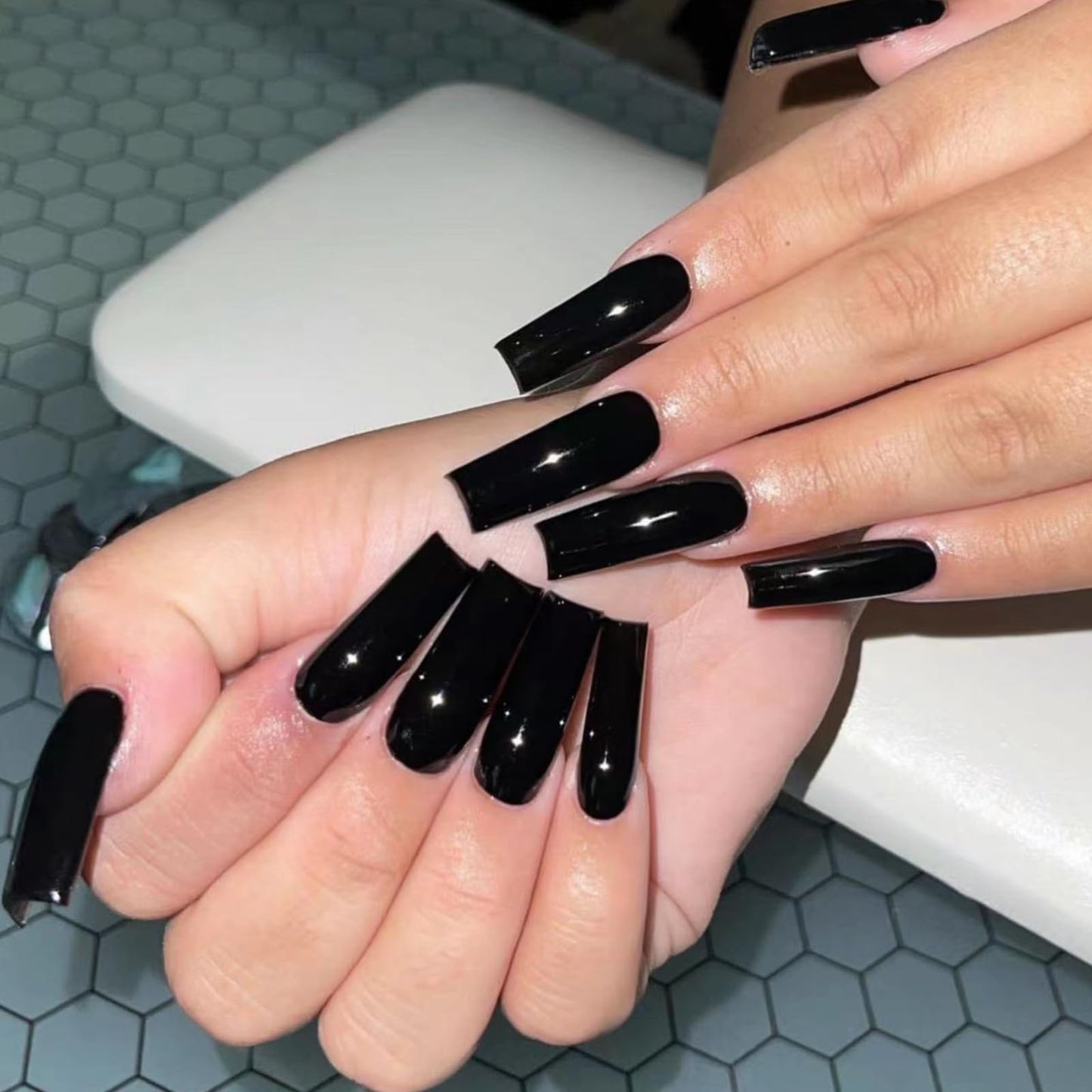 MISUD Press on Nails - Long Square Glue on Nails with Goth Black, Acrylic Gothic Design 24 pcs