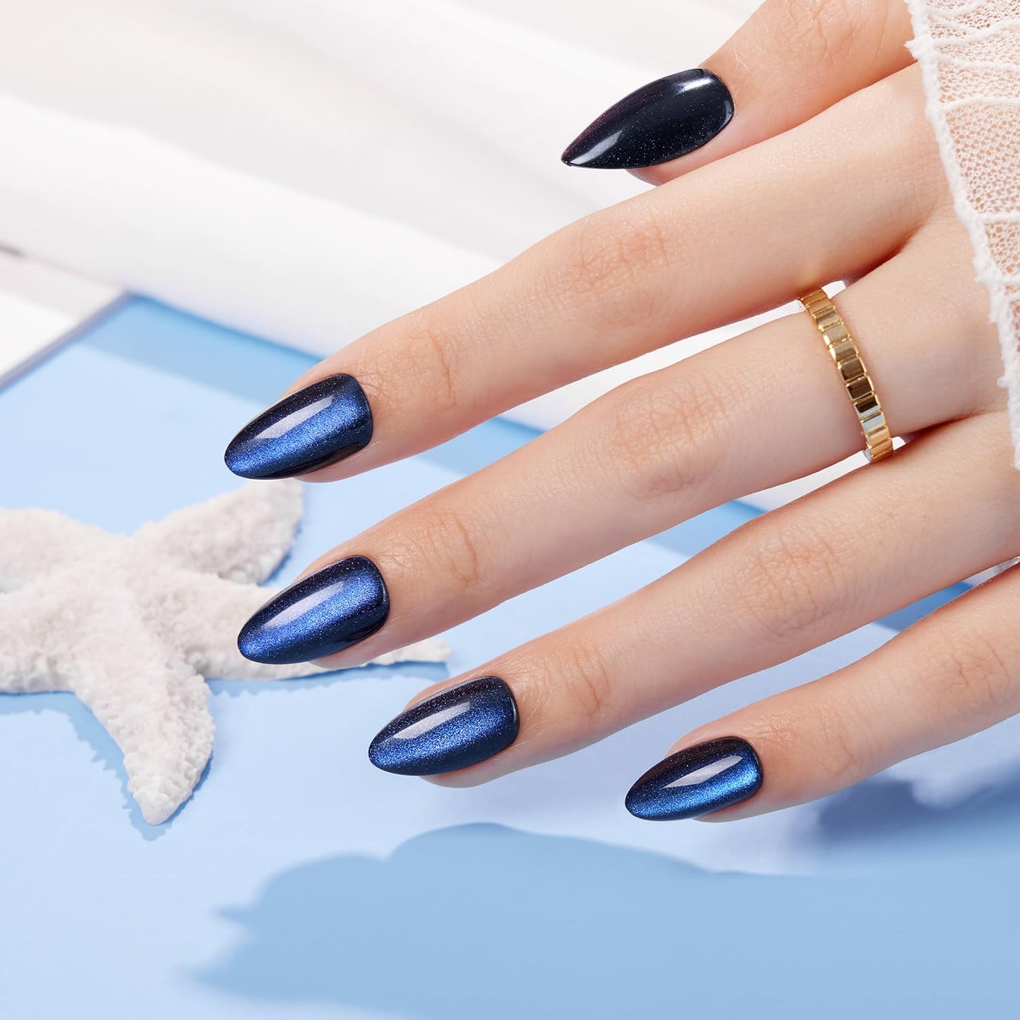 VSALON Press on Nails Short Almond - Blue Cat Eye Chrome Glue On Nails Kit for Women, Reusable Opaque Gel Stick on Nails with Glue & Cuticle Oil - 32 PCS Fake Nails in 16 Sizes (Midnight Tide)