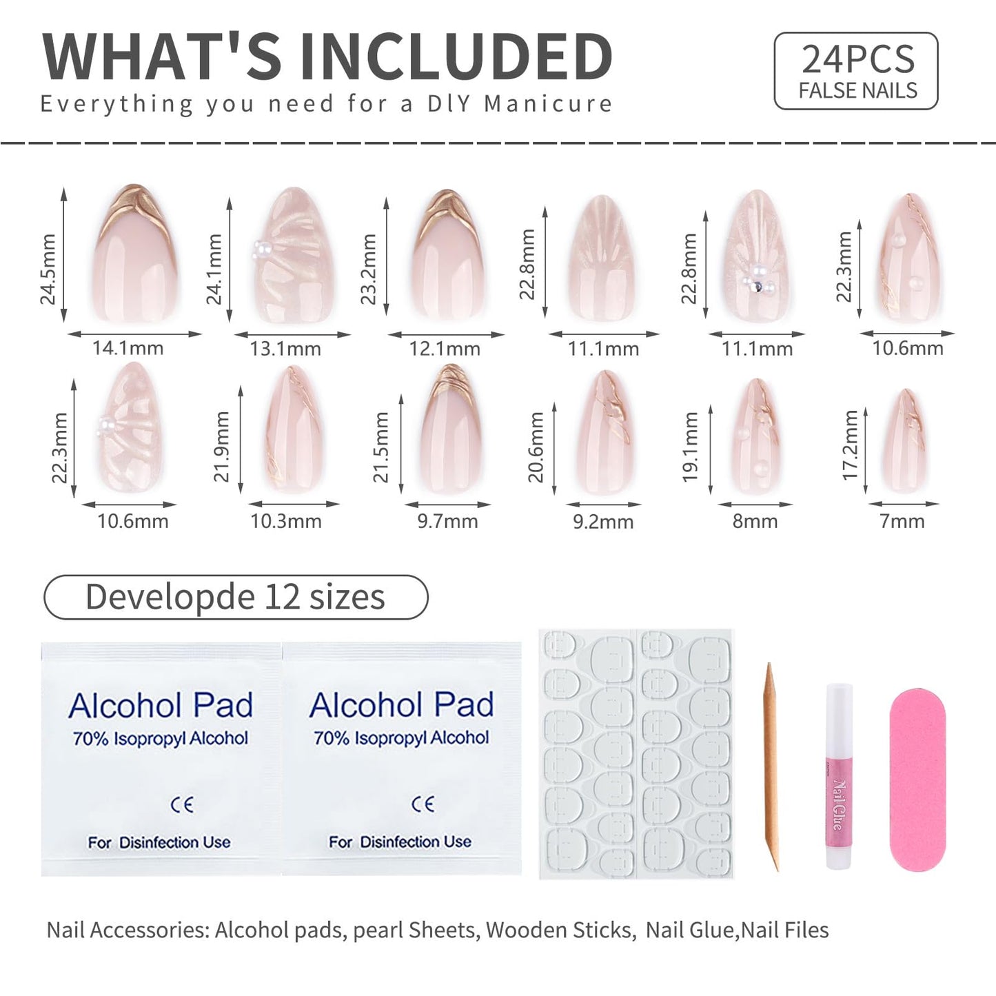 3D Press On Nails Soft Gel Reusable, 24PCS Luxury Pearl Sculpted Almond Fake Nails, Gold French Tips Artificial Nails, Glue-On Nails for Women, Acrylic Look, Salon Quality