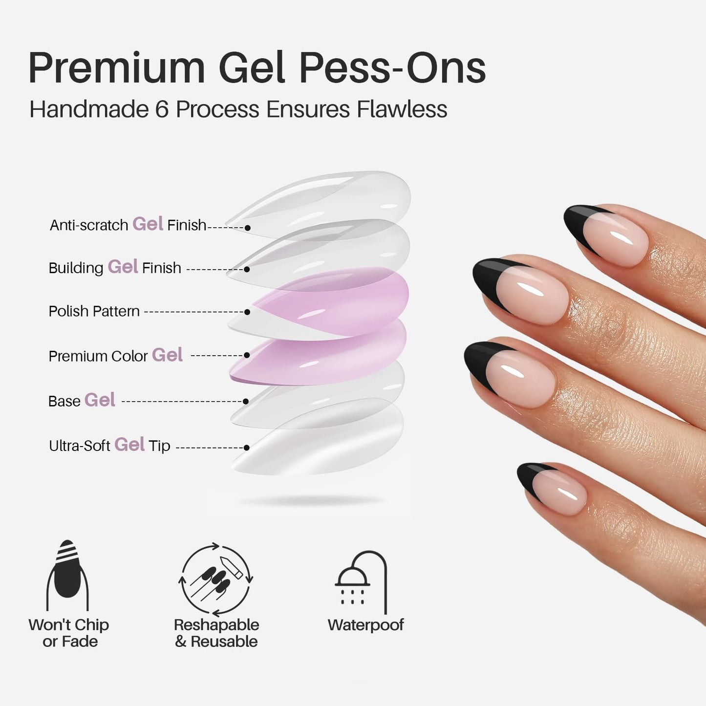 Black French Tip Press on Nails Almond - SHANGMENG Soft Gel Short Press on Nails for Women Gift, Fit Perfectly & Natural Reusable Stick on Nails in 16 Sizes - 32 Fake Nails with Glue, French Black
