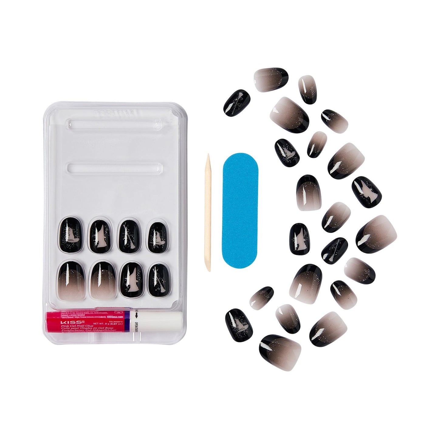 KISS X WICKED: FOR GOOD Press On Nails, ‘Own Your Power’, Black, Short Oval, Waterproof, Chip Proof, Smudge Proof, 28 Fake Nails, Pink Gel Nail Glue (2g), Mini Nail File, & Manicure Stick