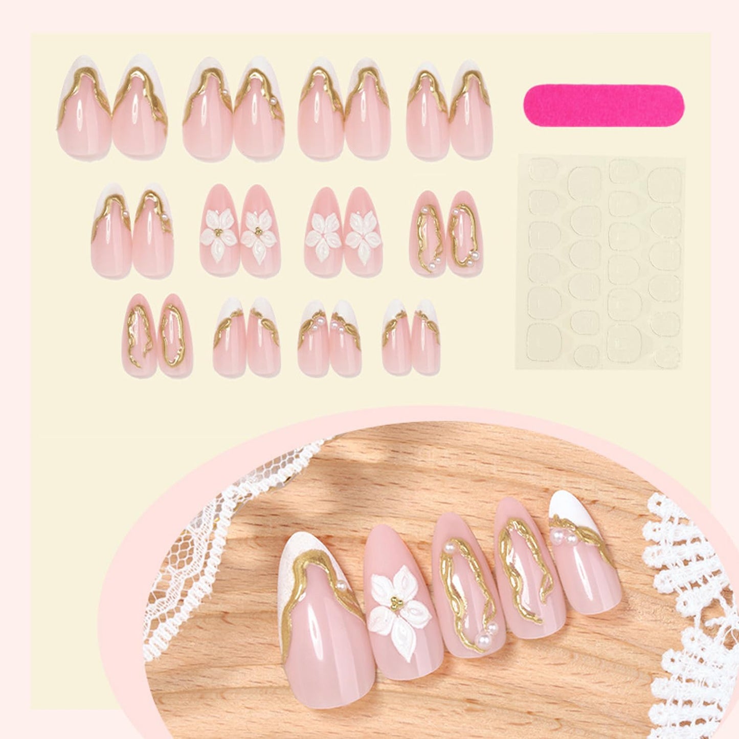 24Pcs White Flower Press on Nails Medium-Length Almond French Tip Fake Nails 3D Chrome Gold False Nails Gilded Line Gel Stick on Nails Nude Glossy Full Cover Cute Floral Acrylic Glue on Nail for Women