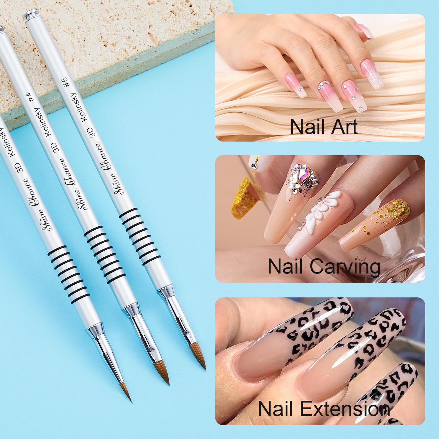 Shine Chance 3Pcs 3D Nail Brushes Set Size 2 4 5, Kolinsky Hair Acrylic Flower Nail Art Brush, Art Design & Polish Mistake Cleaning Manicure Tools for Women Acrylic Application, Silver