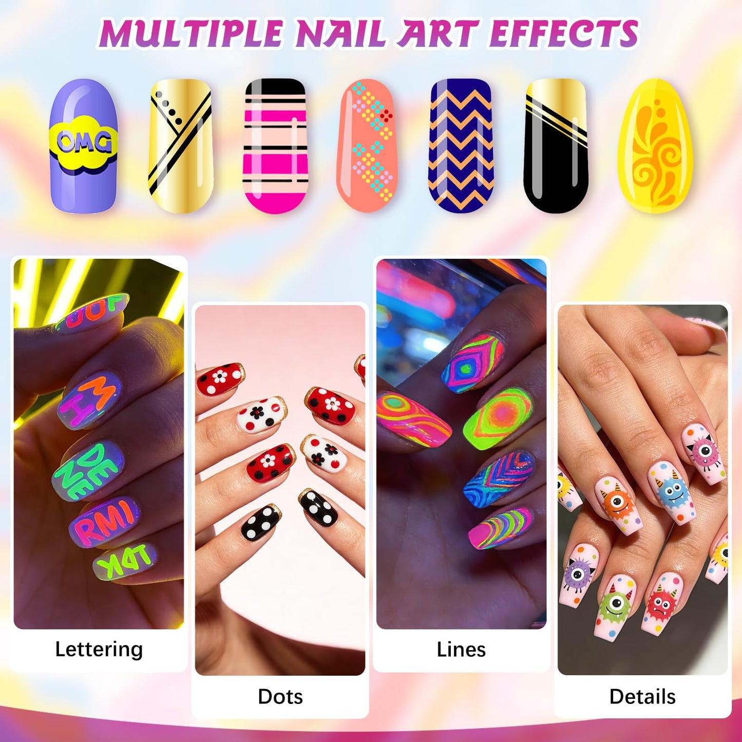 VIVIBOOM Glow In The Dark Nail Art Pens, 24 Color 0.5 MM Fluorescent Neon Nail Polish Pens Set Drawing Point Painting Liner Painted Pen Kit, Waterproof Nail for DIY Design Manicure Tools