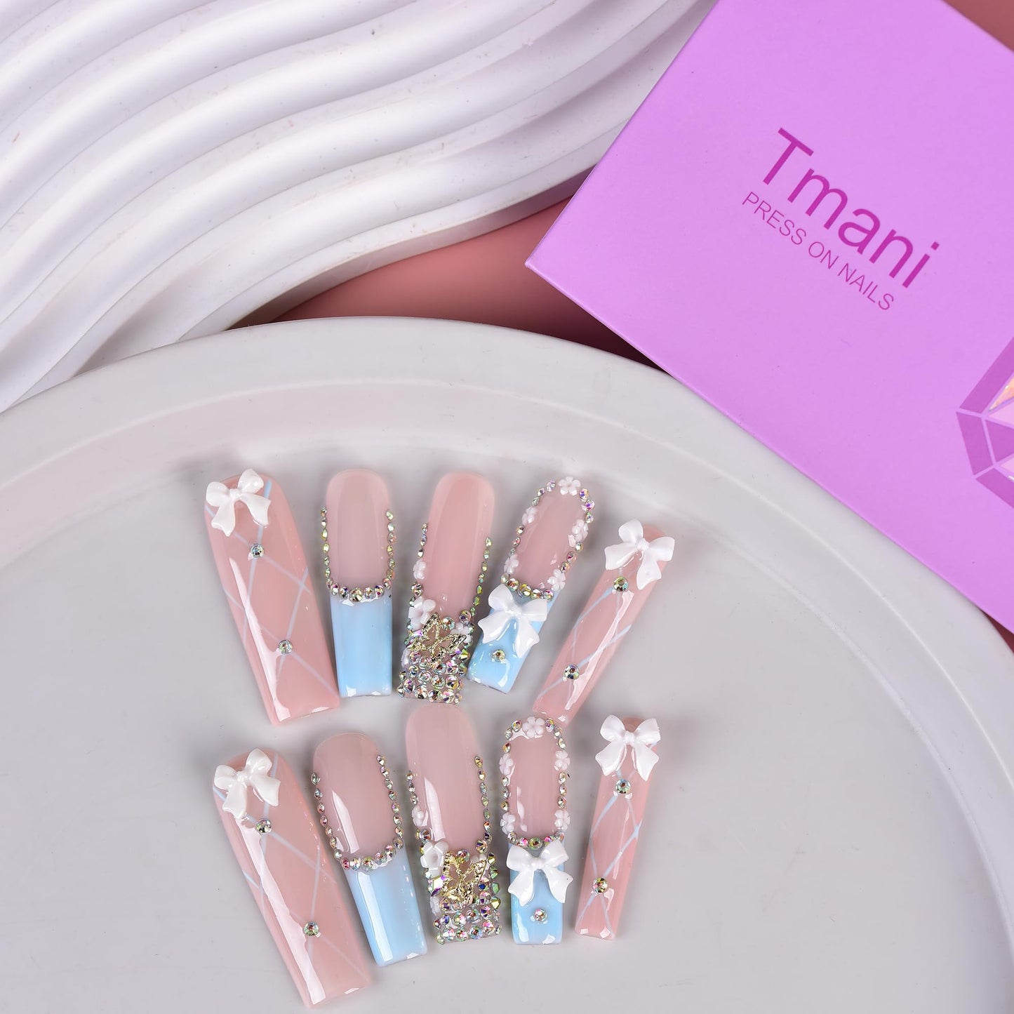 Tmani 10pc/set Extra Long Handmade Press On Nail Hot Girl's Long Ballet Square Nail Full of Diamond Glitter Decoration Fake Nails Suitable For Girls Festival Parties and Birthday Gift（238,Size-L)