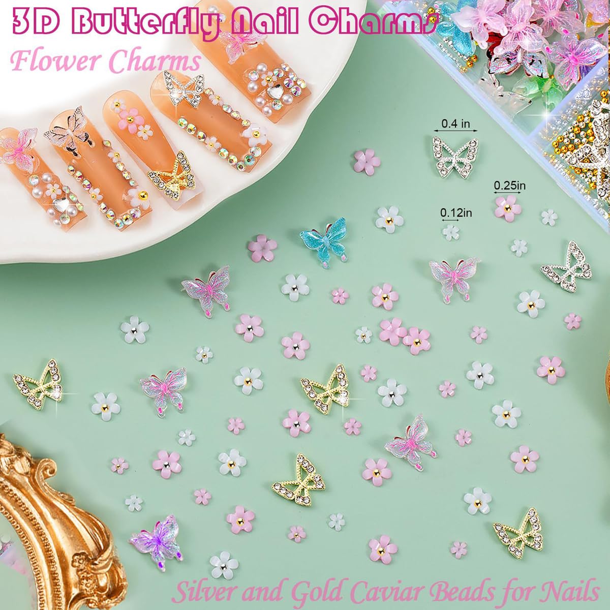 15 Grids Nail Art Decorations Set - 3D Bow Heart Butterfly Flower Charms, Glitter Sequins, Rhinestones & Pearls, Pink White Gold Nail Jewelry Kit for Acrylic Nails, DIY Manicure Accessories for Women